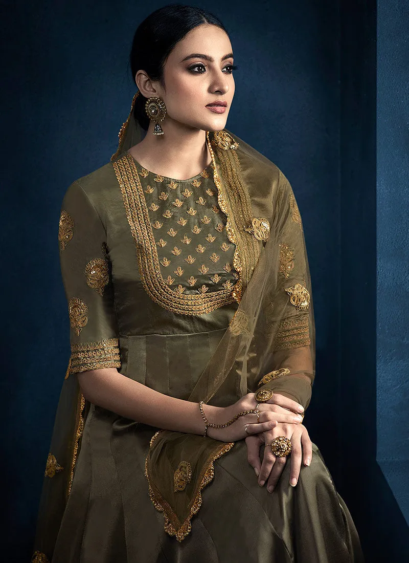 Olive Green Golden Embroidered Anarkali Suit