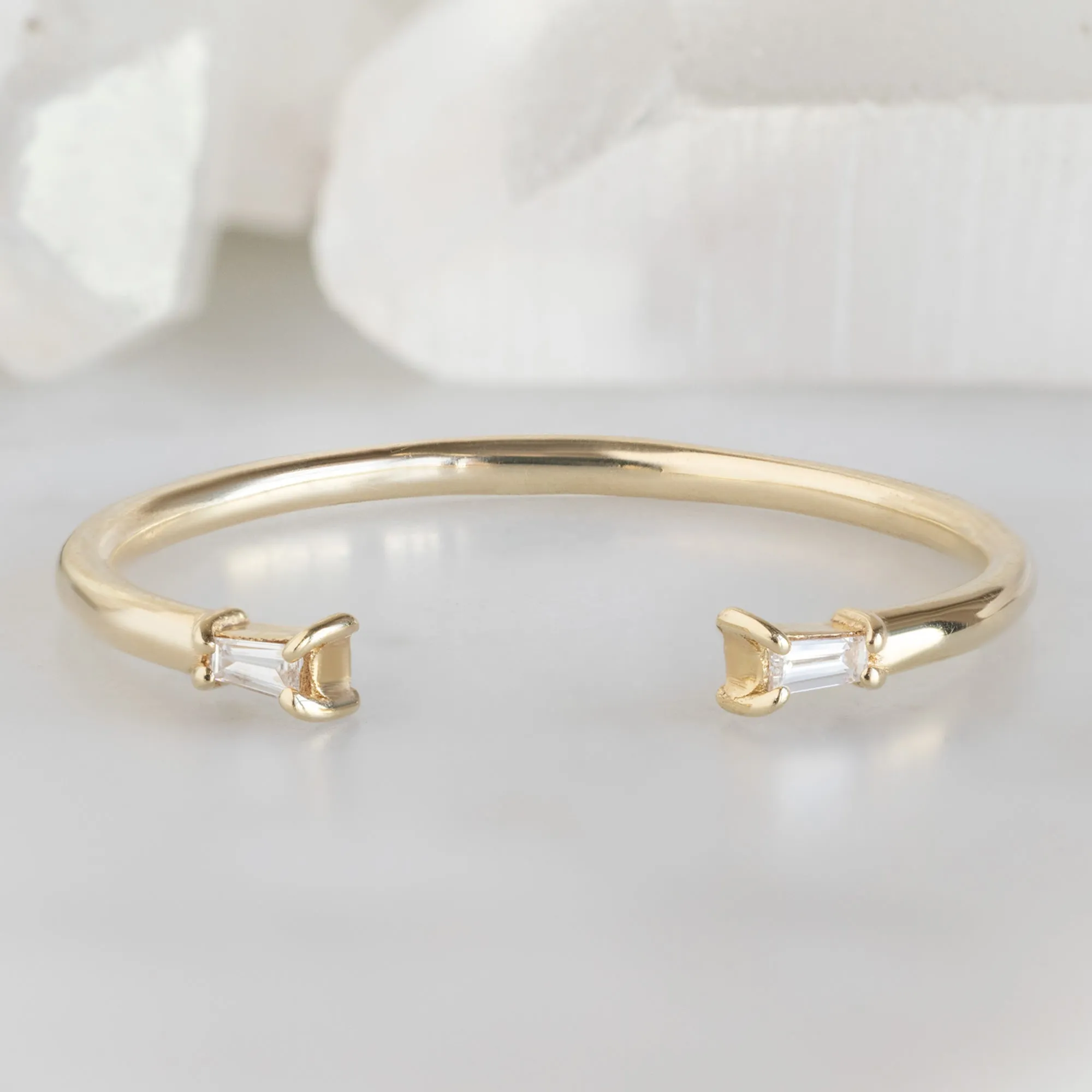 Open Cuff Baguette White Diamond Stacking Band | Yellow, Rose or White Gold