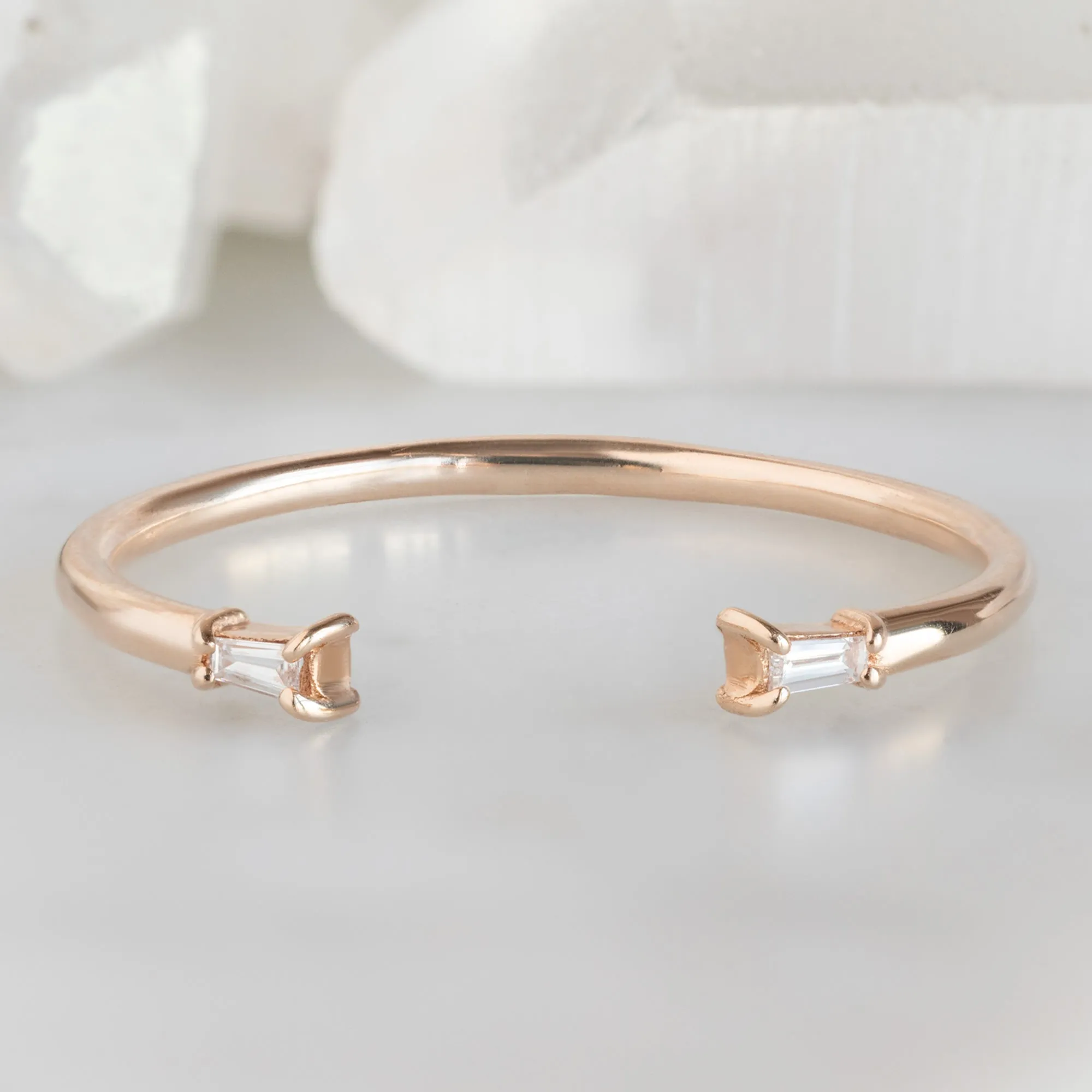 Open Cuff Baguette White Diamond Stacking Band | Yellow, Rose or White Gold