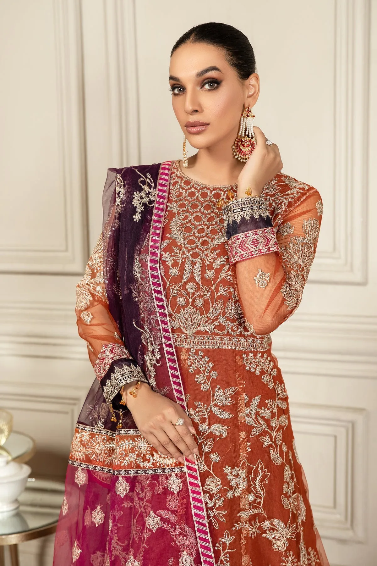 Orange Dress Pakistani in Royal Pishwas Frock Style