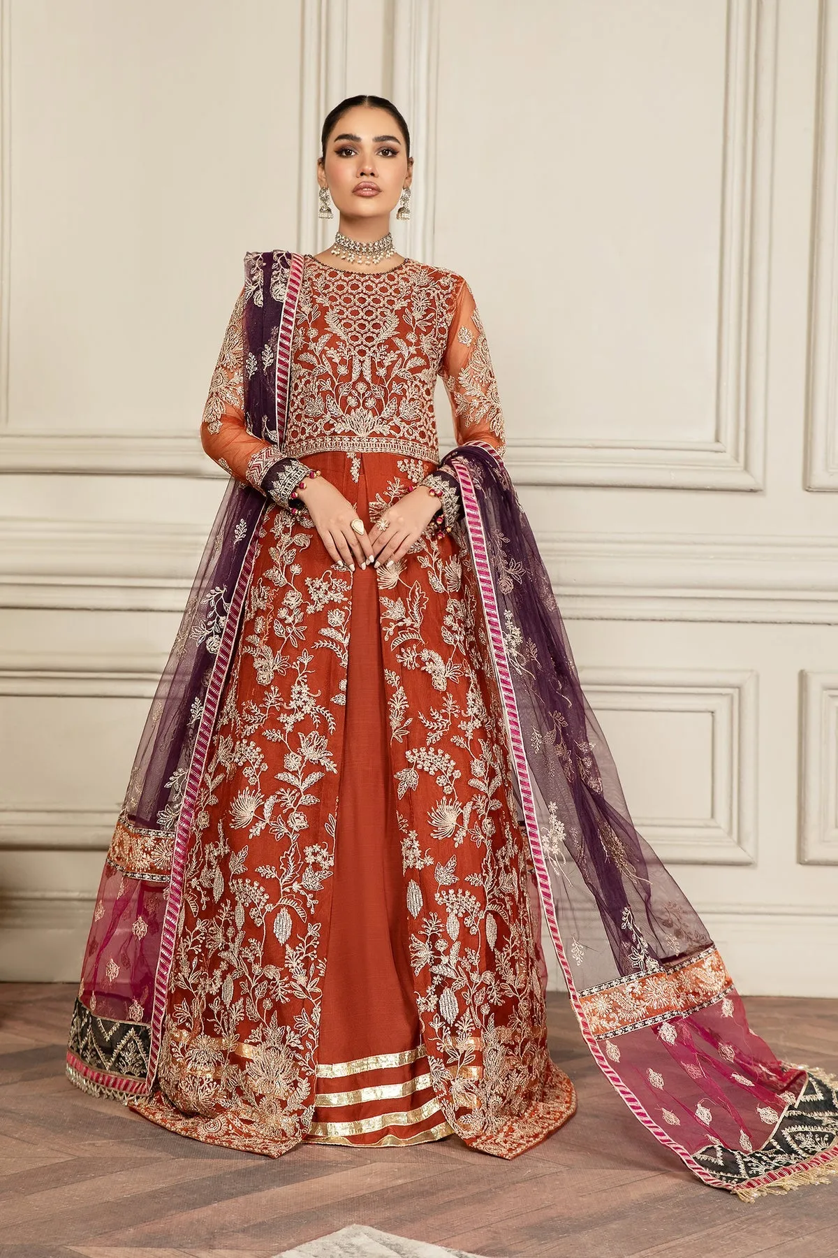 Orange Dress Pakistani in Royal Pishwas Frock Style