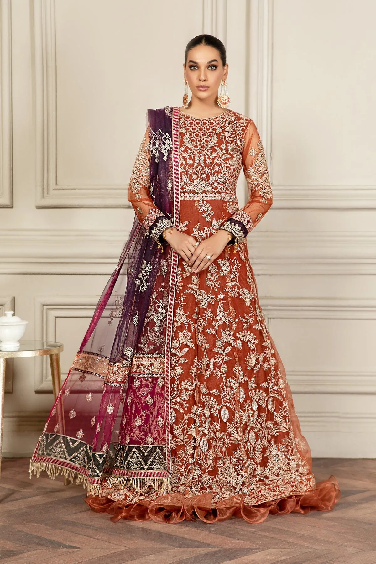Orange Dress Pakistani in Royal Pishwas Frock Style