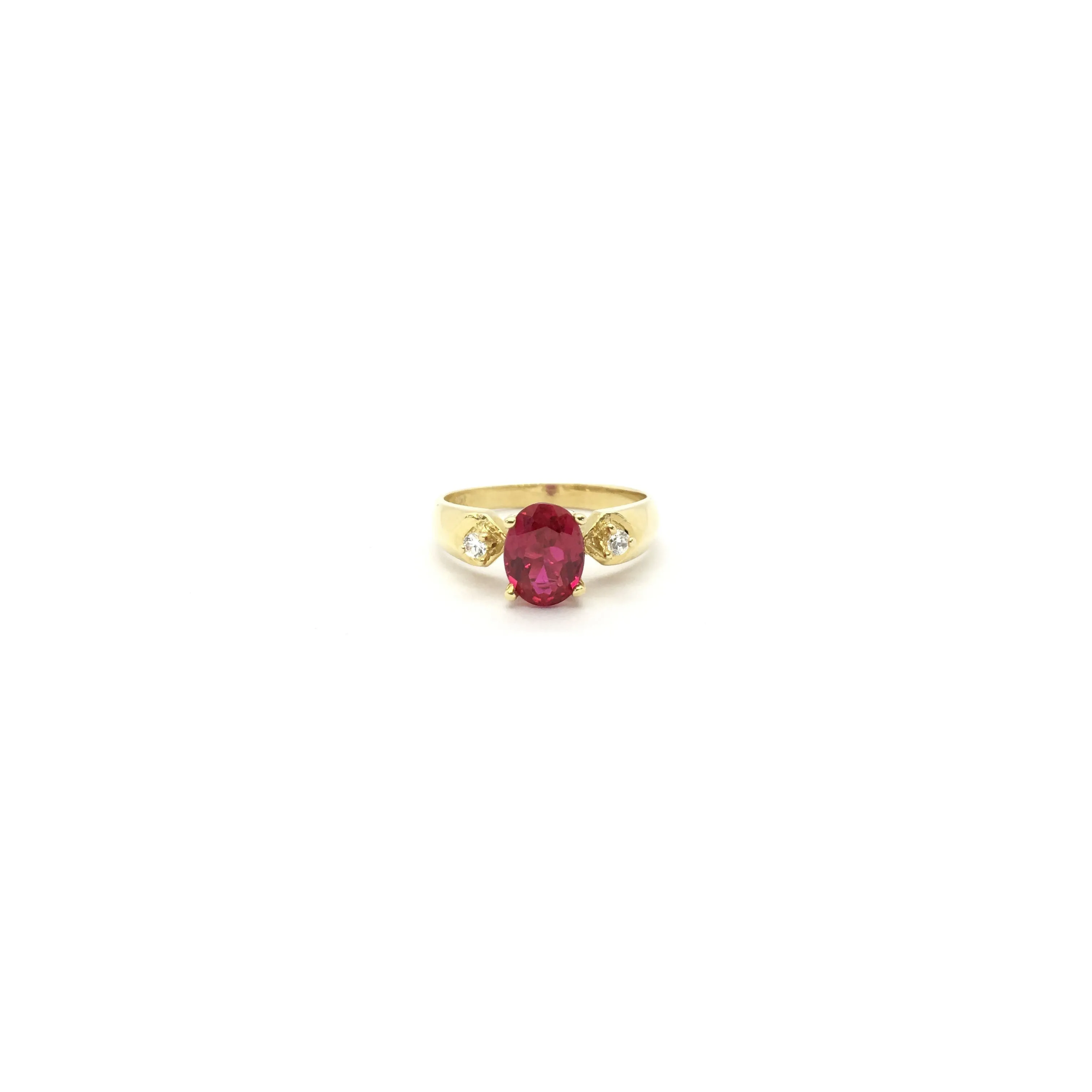 Oval Red CZ Three Stone Ring (14K)