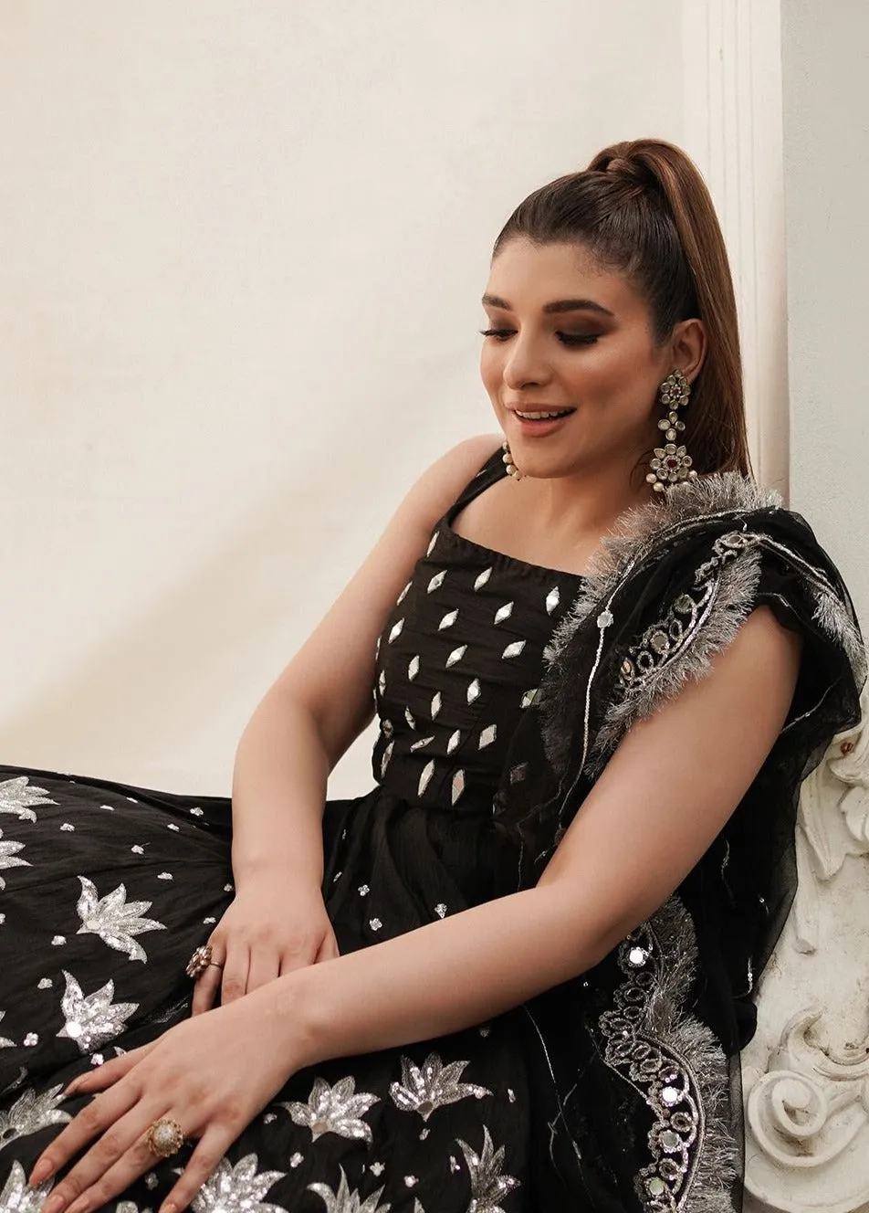 Pakistani Bridal Black Lehenga Choli and Dupatta Dress