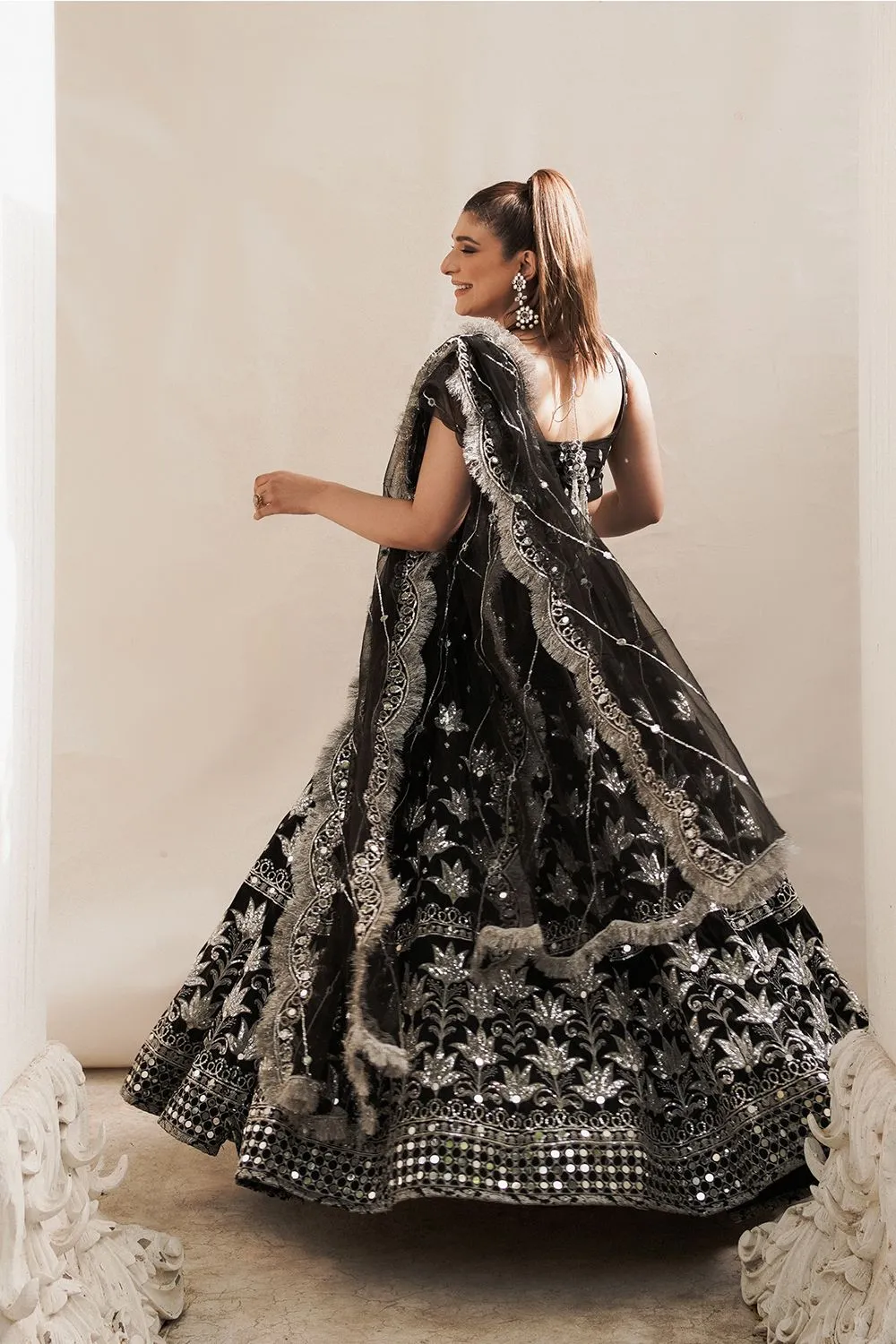 Pakistani Bridal Black Lehenga Choli and Dupatta Dress