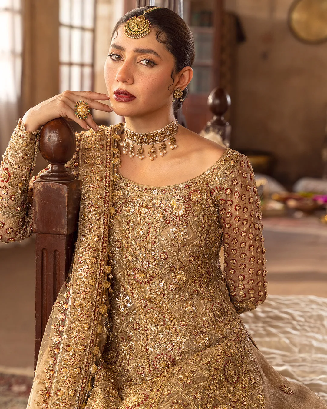 Pakistani Bridal Dress in Golden Gharara Kameez Style