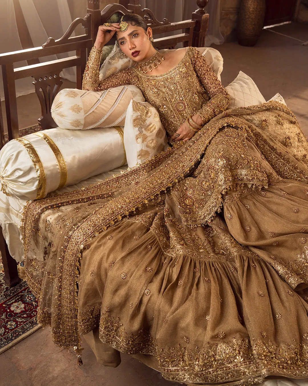 Pakistani Bridal Dress in Golden Gharara Kameez Style