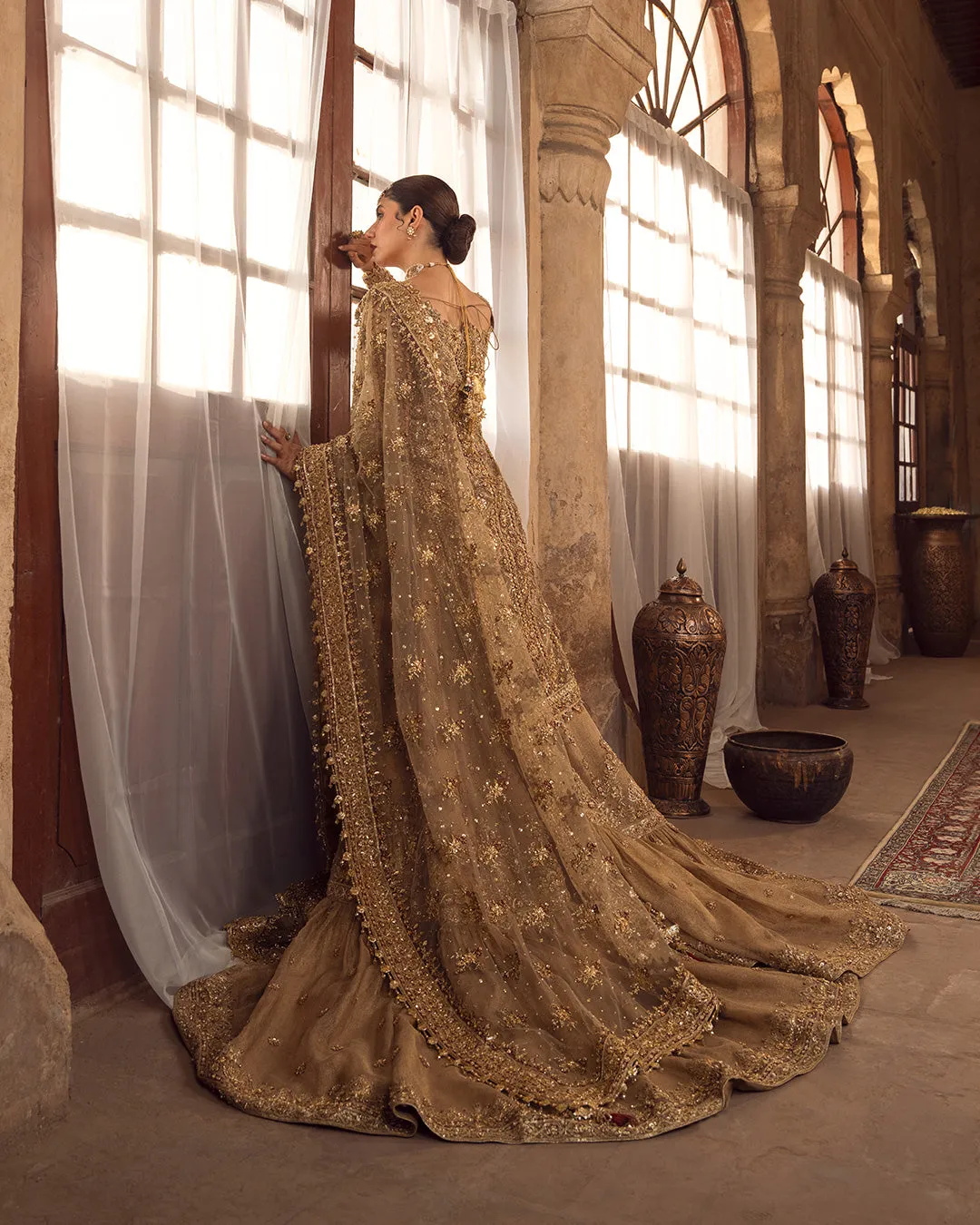 Pakistani Bridal Dress in Golden Gharara Kameez Style
