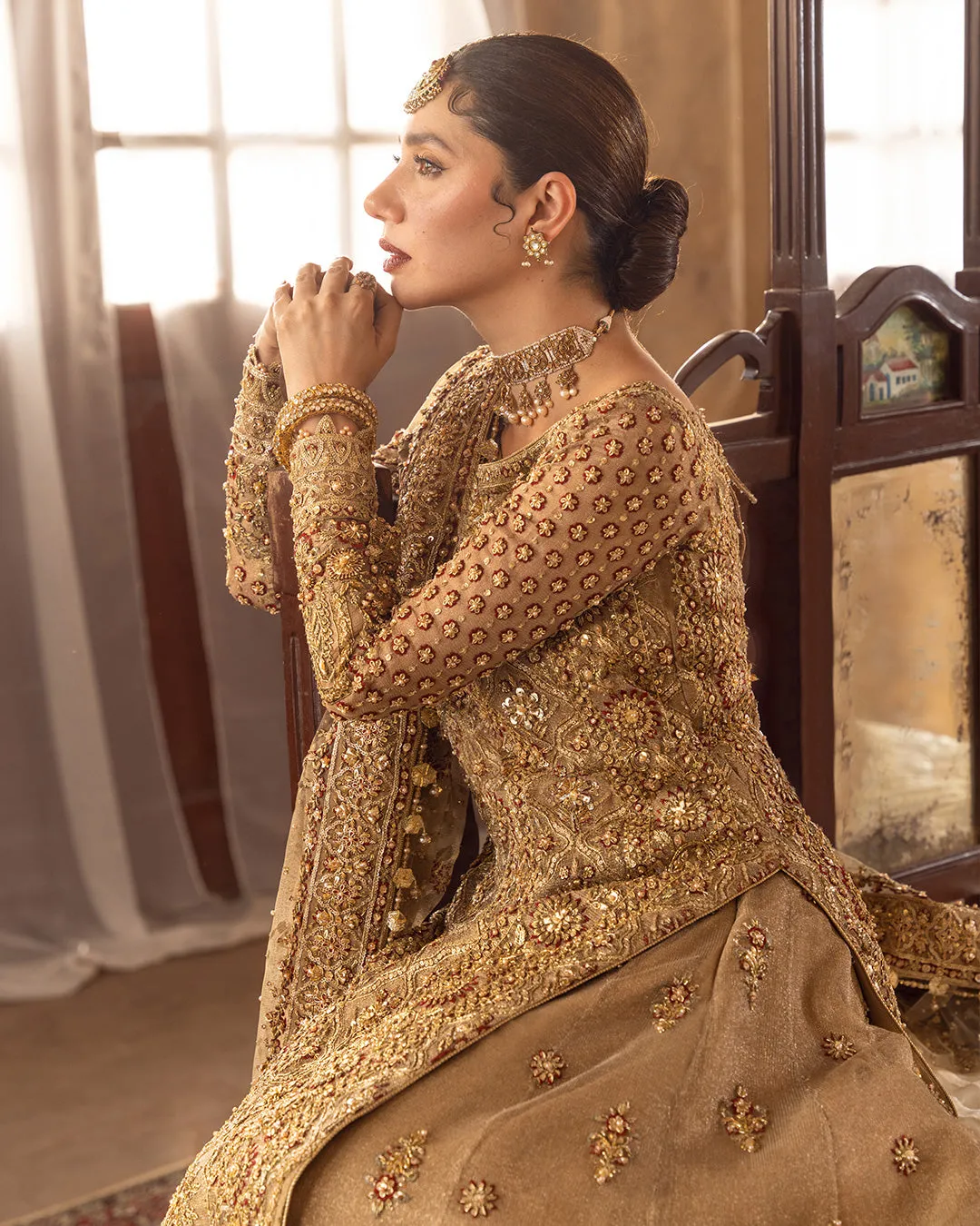 Pakistani Bridal Dress in Golden Gharara Kameez Style