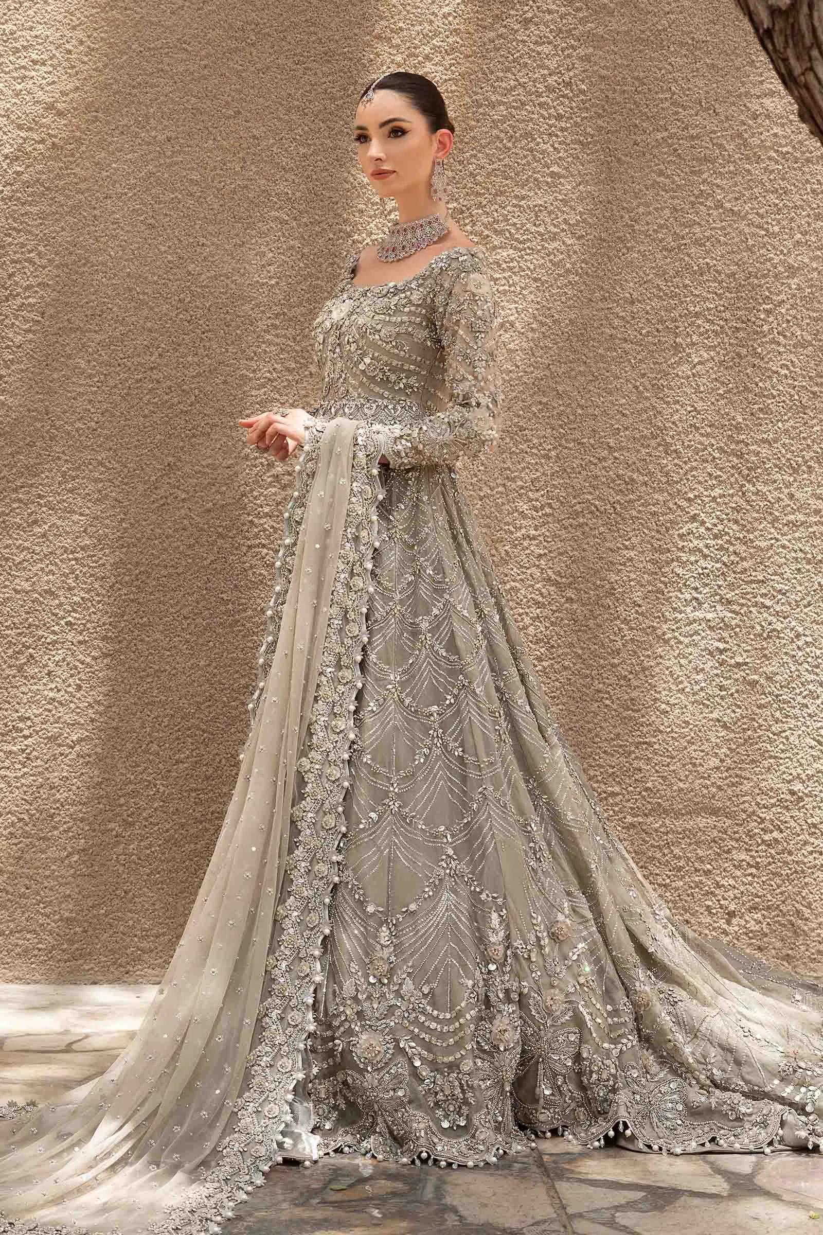Pakistani Bridal Dress in Grey Gown and Dupatta Style