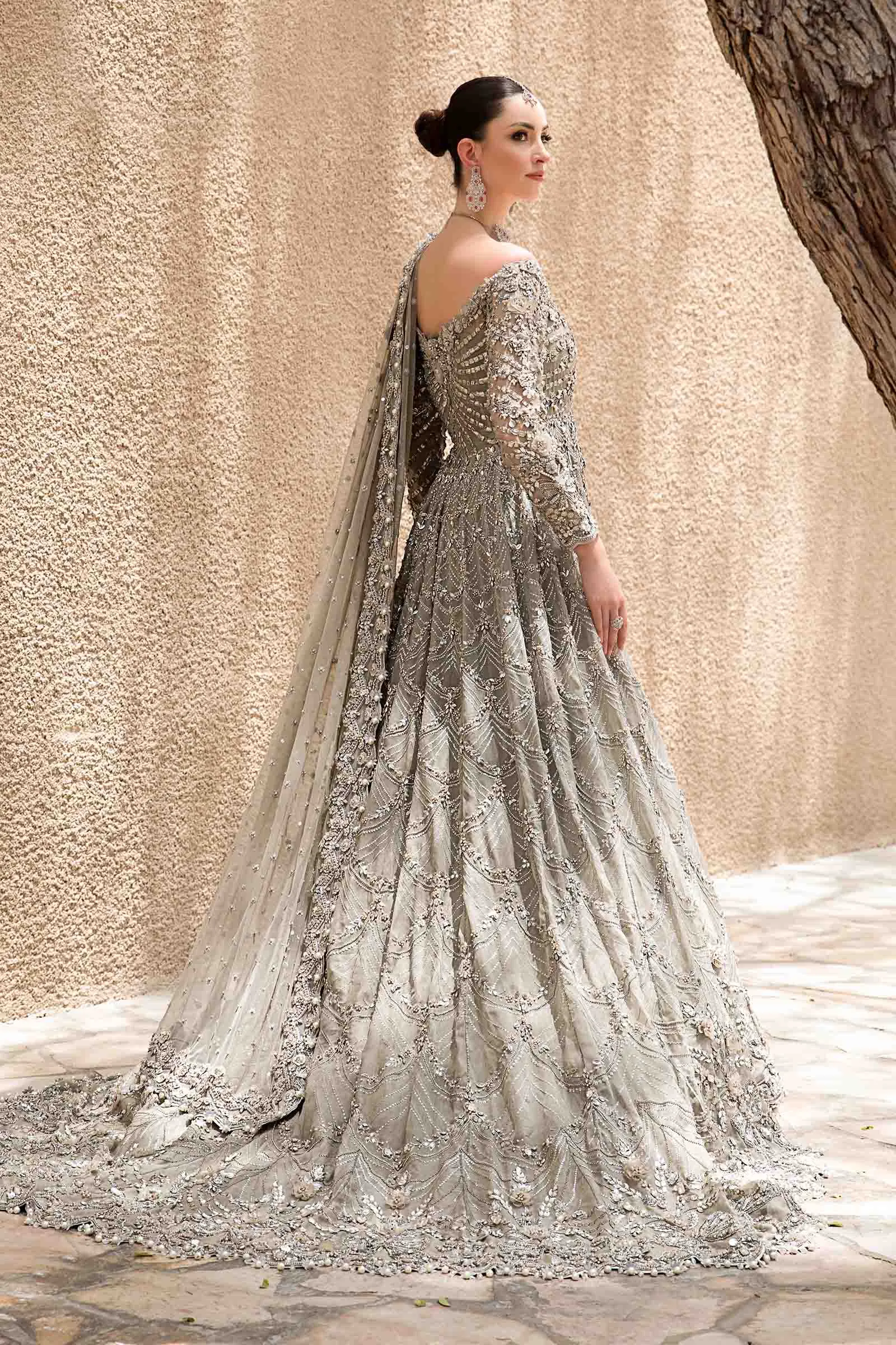 Pakistani Bridal Dress in Grey Gown and Dupatta Style