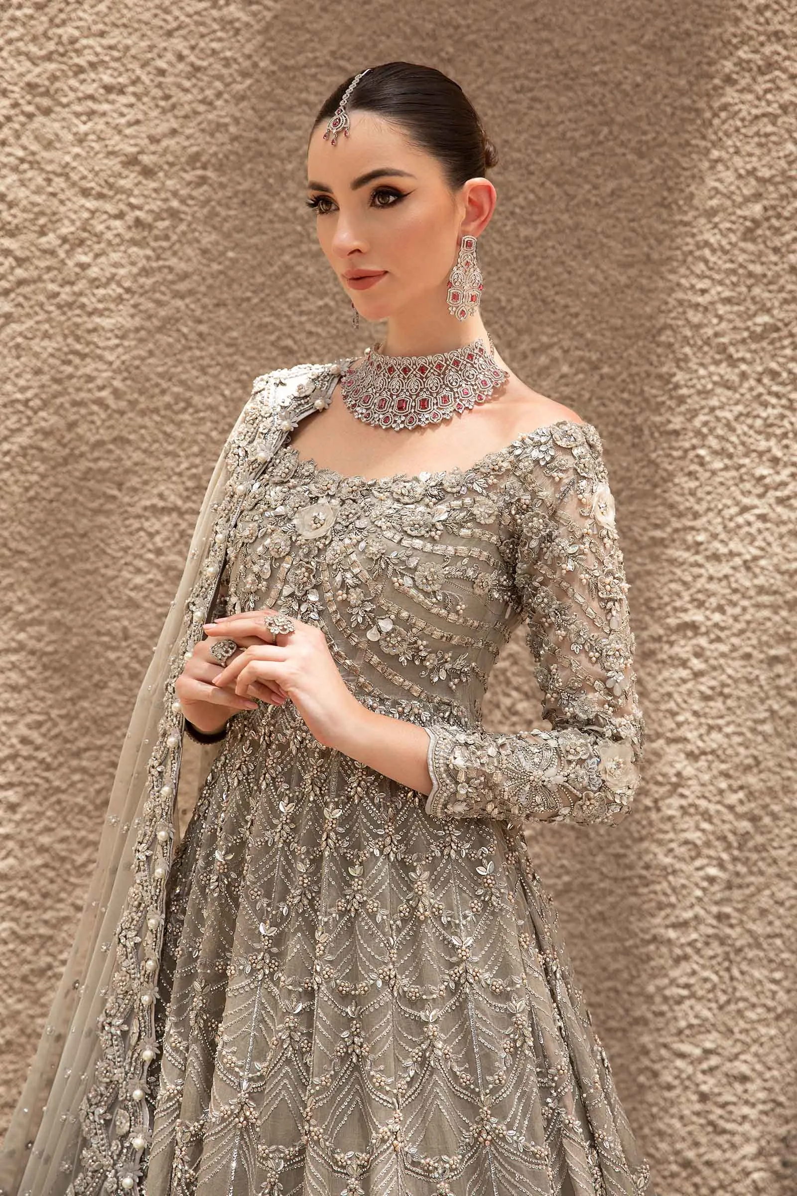 Pakistani Bridal Dress in Grey Gown and Dupatta Style