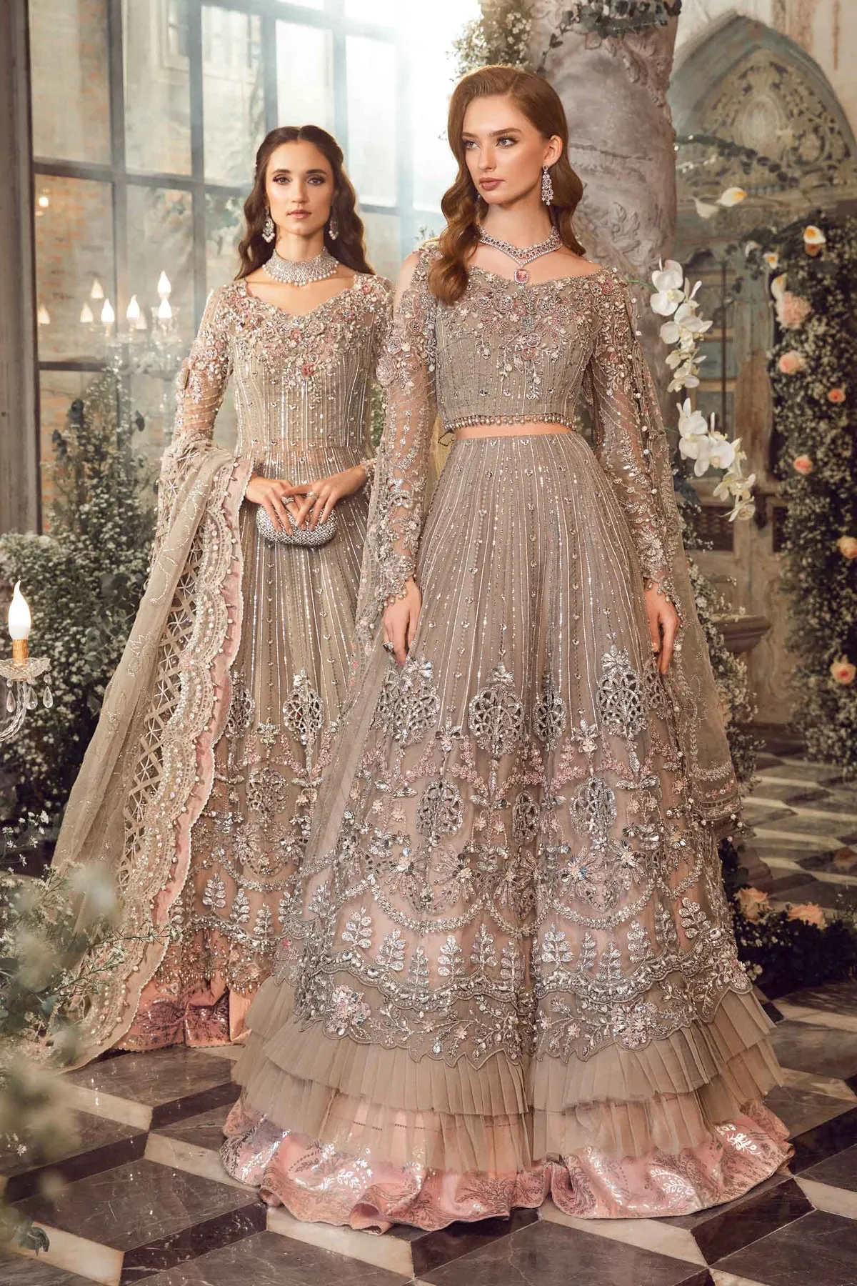 Pakistani Bridal Dress in Grey Lehenga Pishwas Style