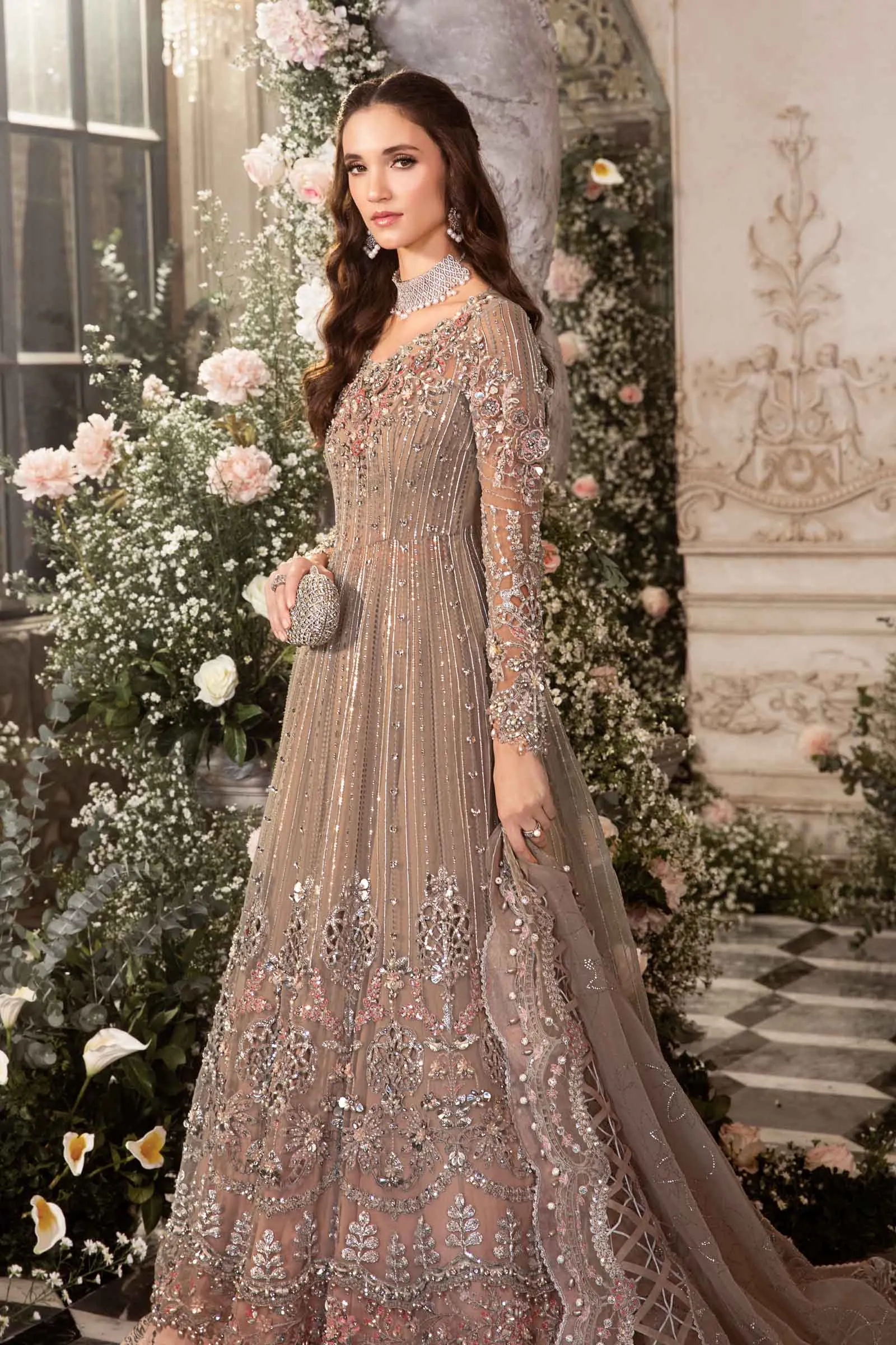 Pakistani Bridal Dress in Grey Lehenga Pishwas Style