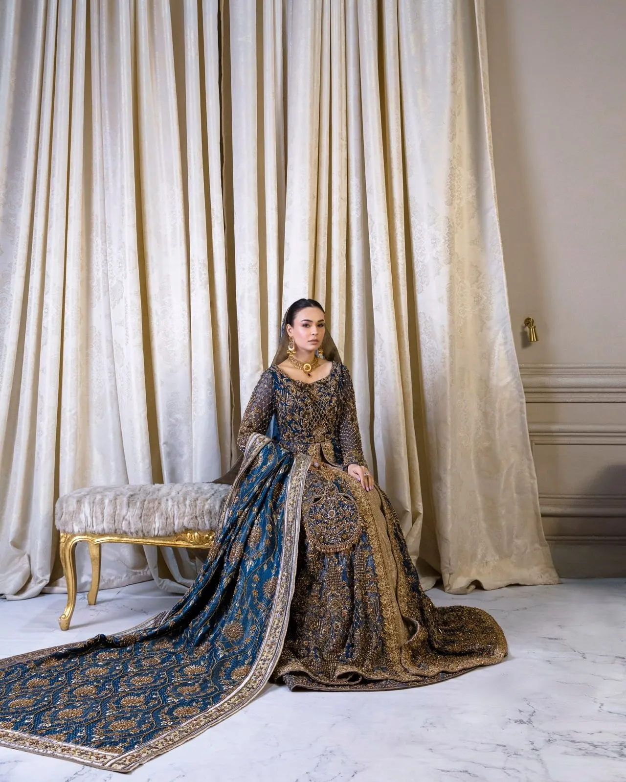 Pakistani Bridal Dress in Open Frock and Lehenga Style