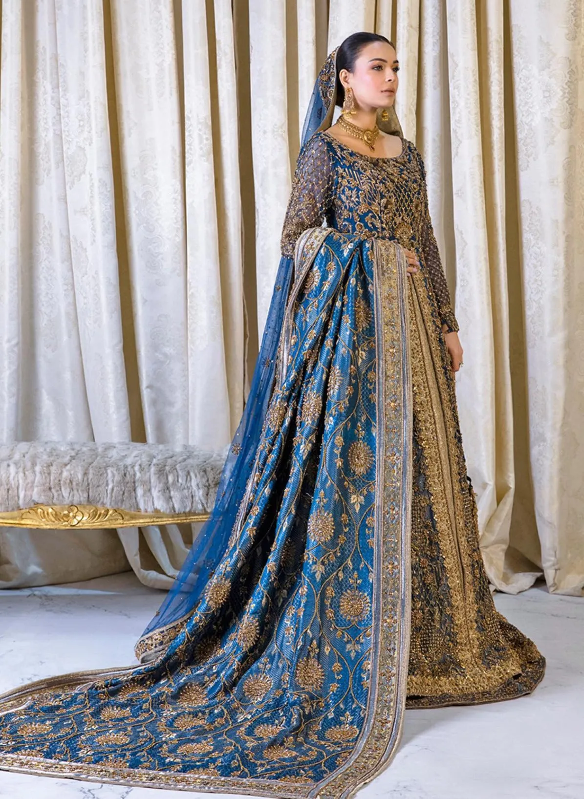 Pakistani Bridal Dress in Open Frock and Lehenga Style