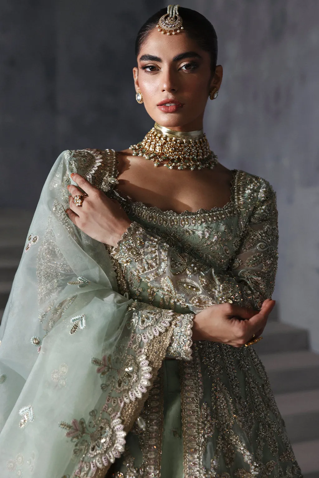 Pakistani Bridal Dress in Open Gown and Lehenga Style