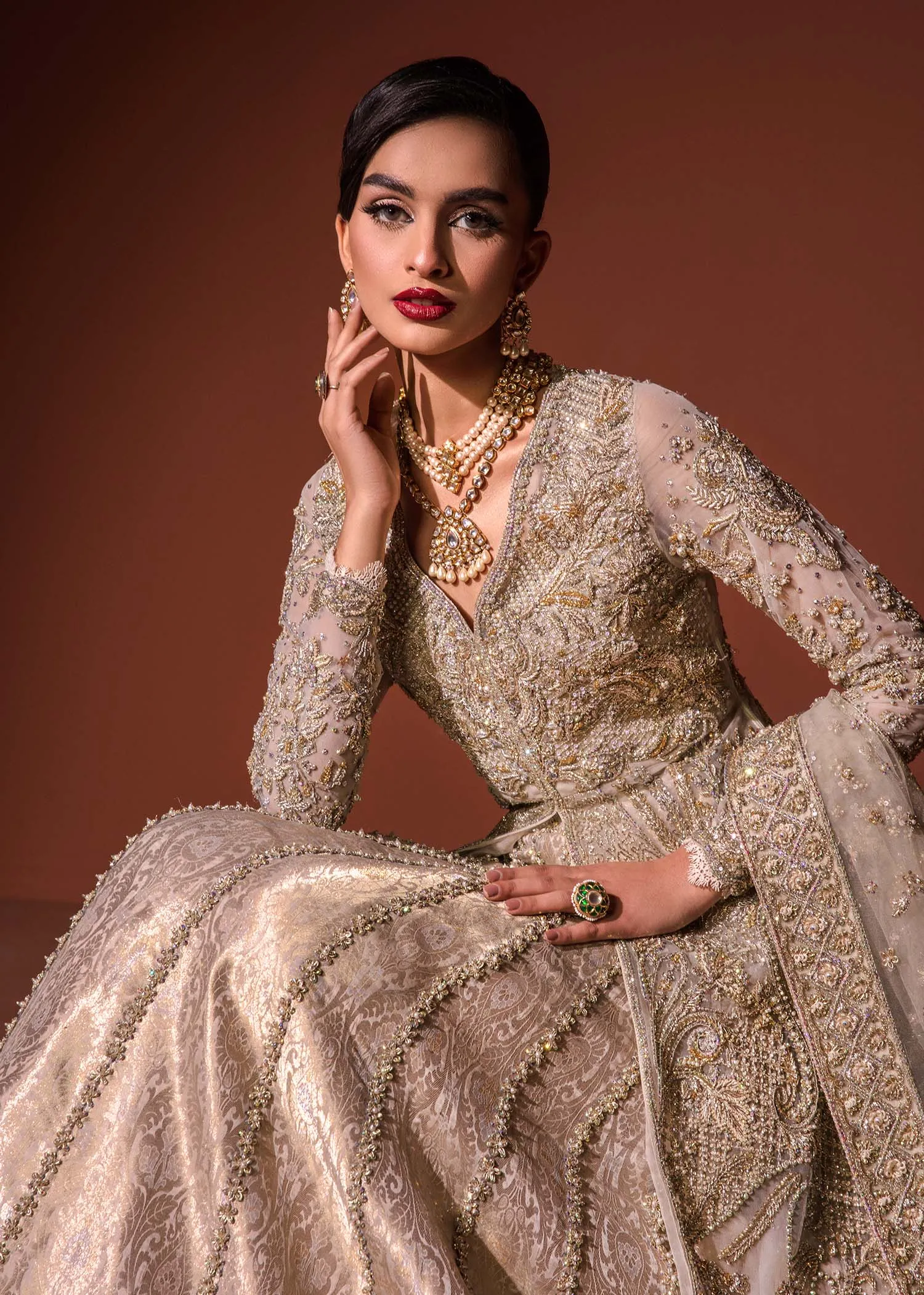 Pakistani Bridal Dress in Open Gown and Lehenga Style