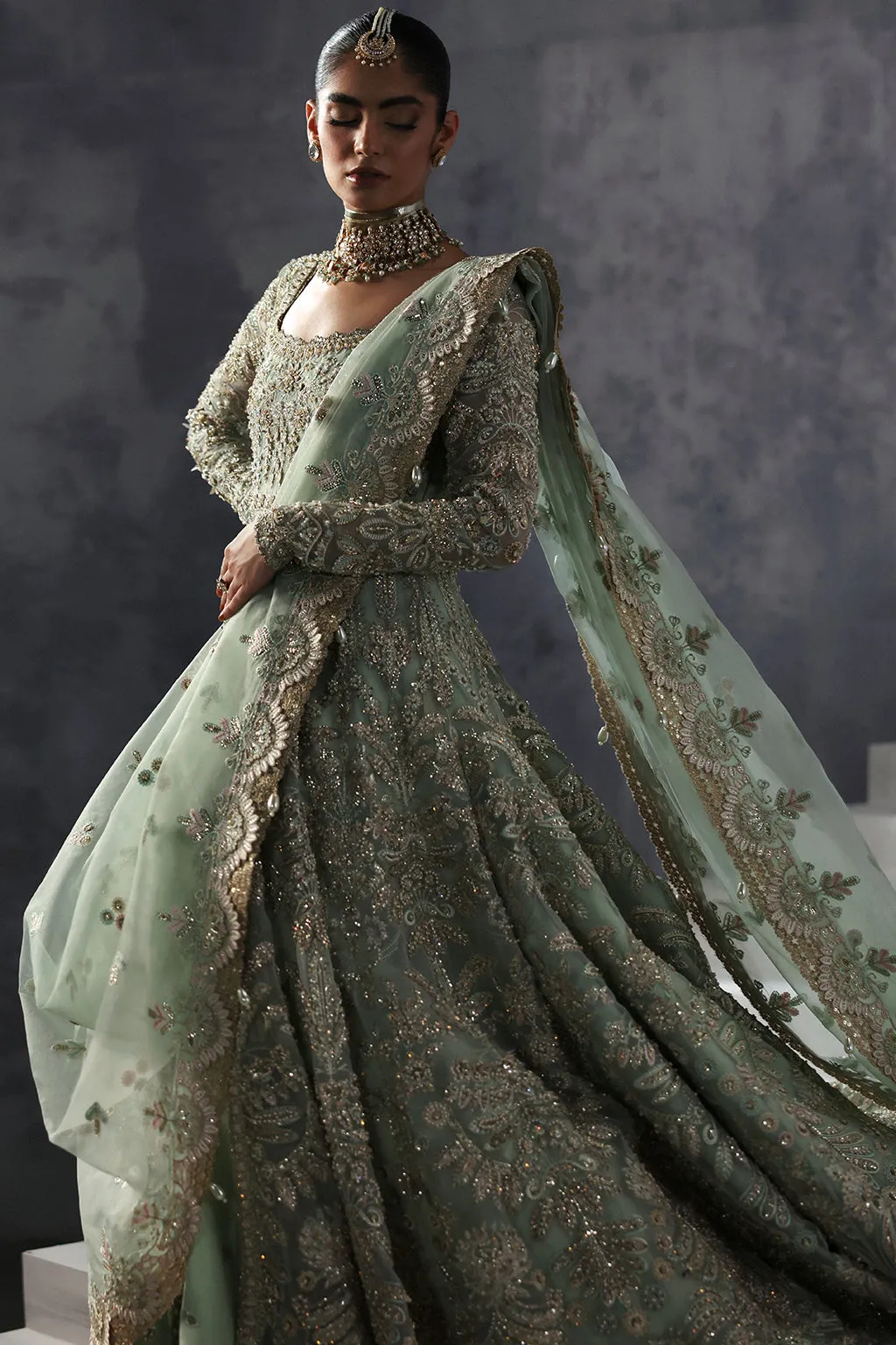 Pakistani Bridal Dress in Open Gown and Lehenga Style