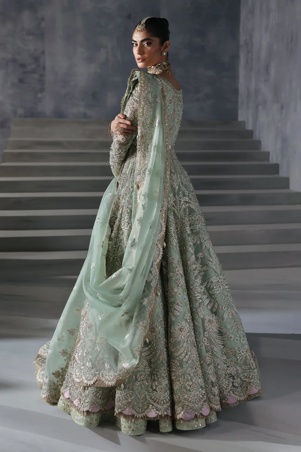 Pakistani Bridal Dress in Open Gown and Lehenga Style