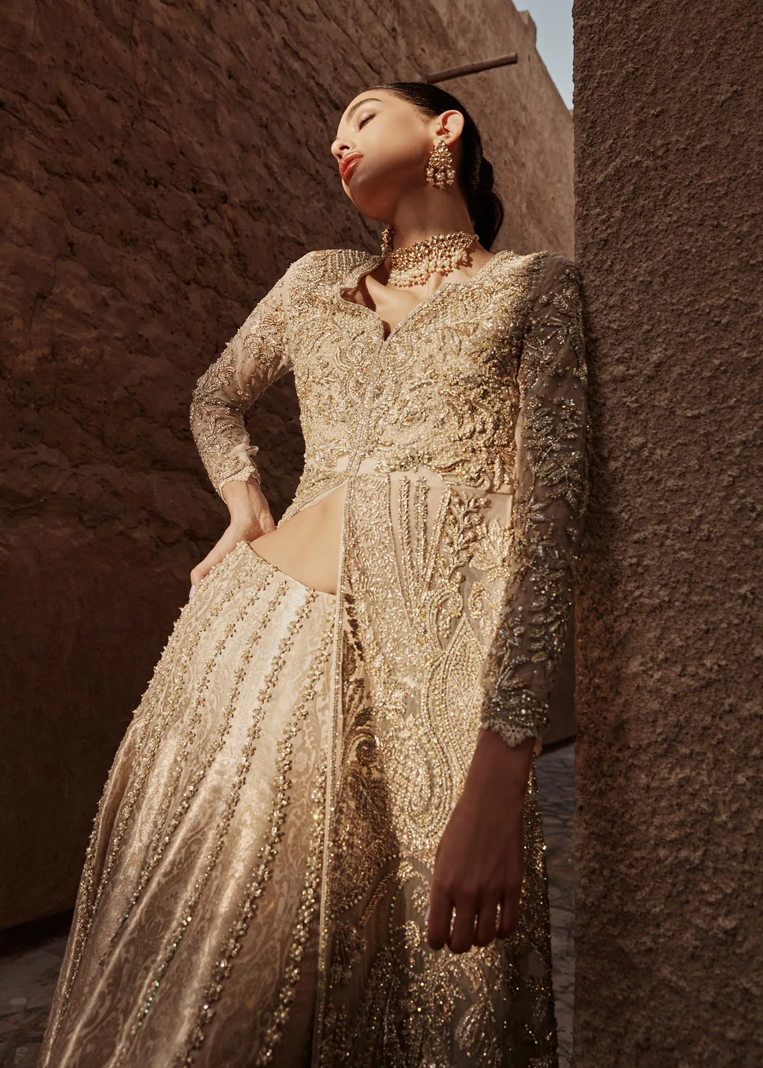Pakistani Bridal Dress in Open Gown and Lehenga Style