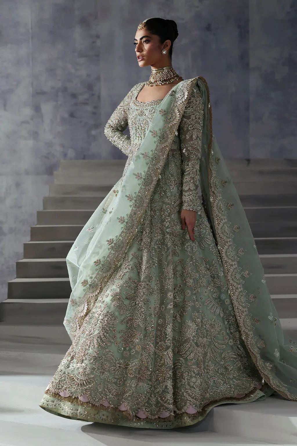 Pakistani Bridal Dress in Open Gown and Lehenga Style