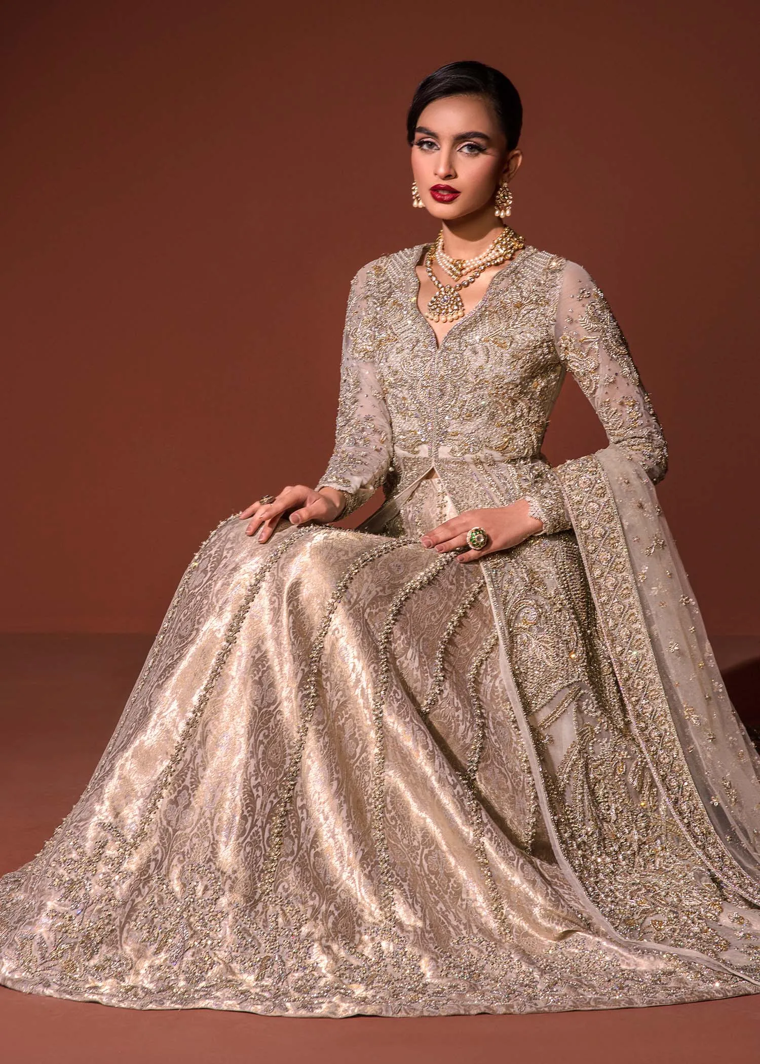 Pakistani Bridal Dress in Open Gown and Lehenga Style