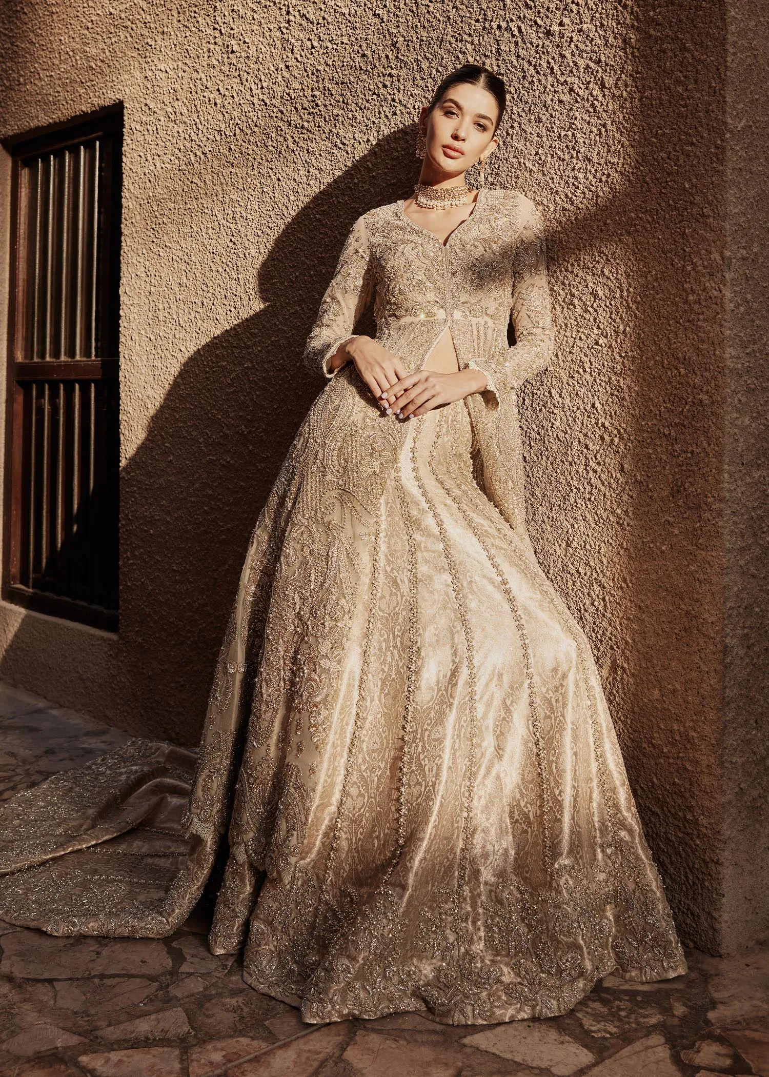 Pakistani Bridal Dress in Open Gown and Lehenga Style