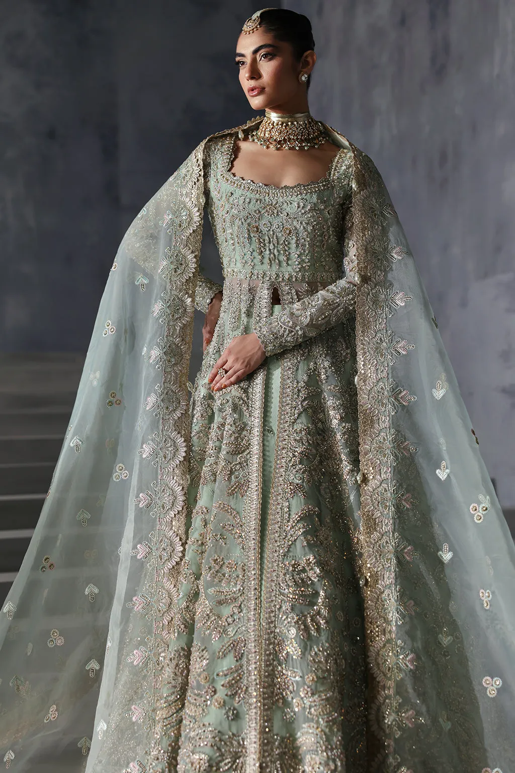 Pakistani Bridal Dress in Open Gown and Lehenga Style