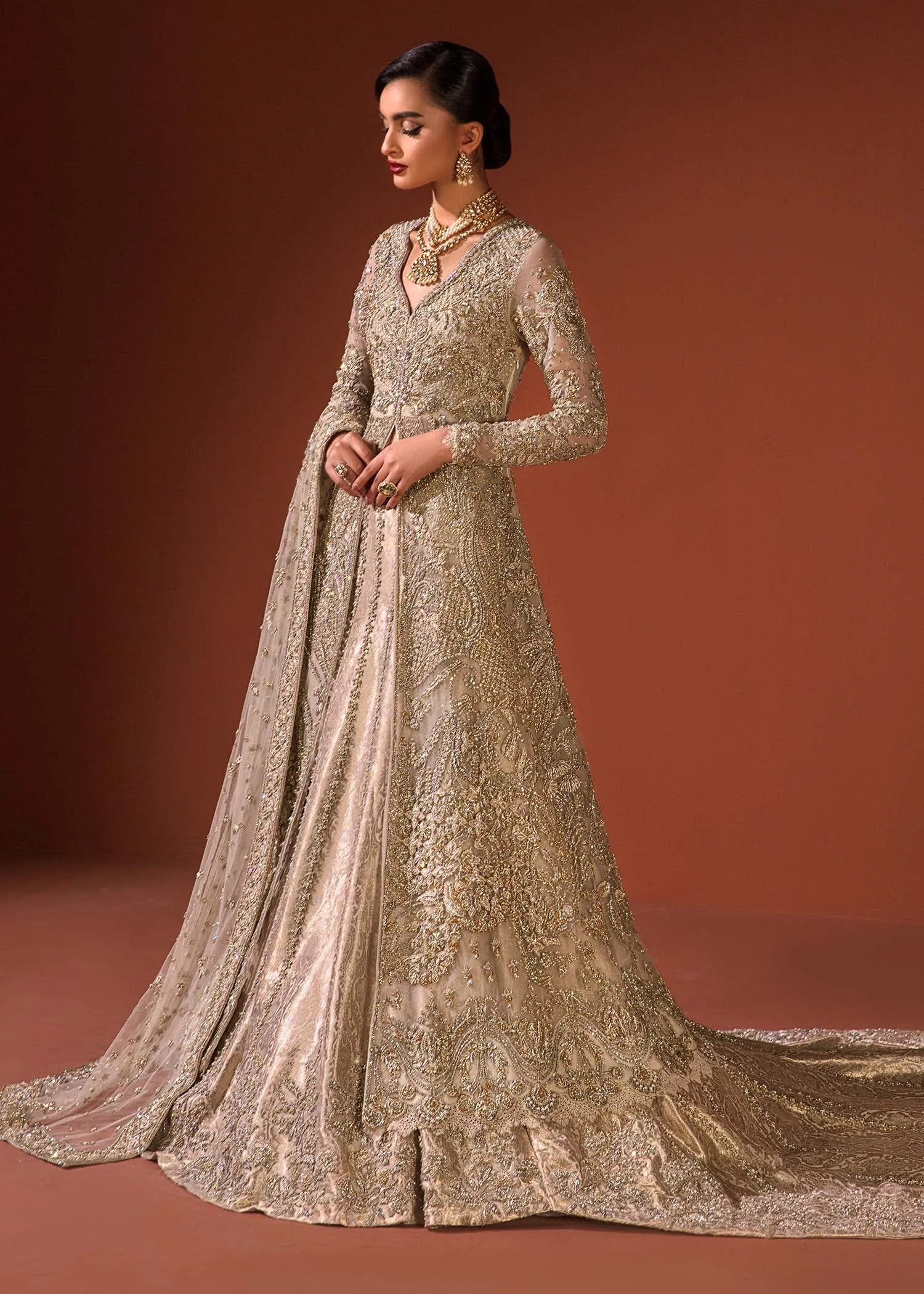 Pakistani Bridal Dress in Open Gown and Lehenga Style