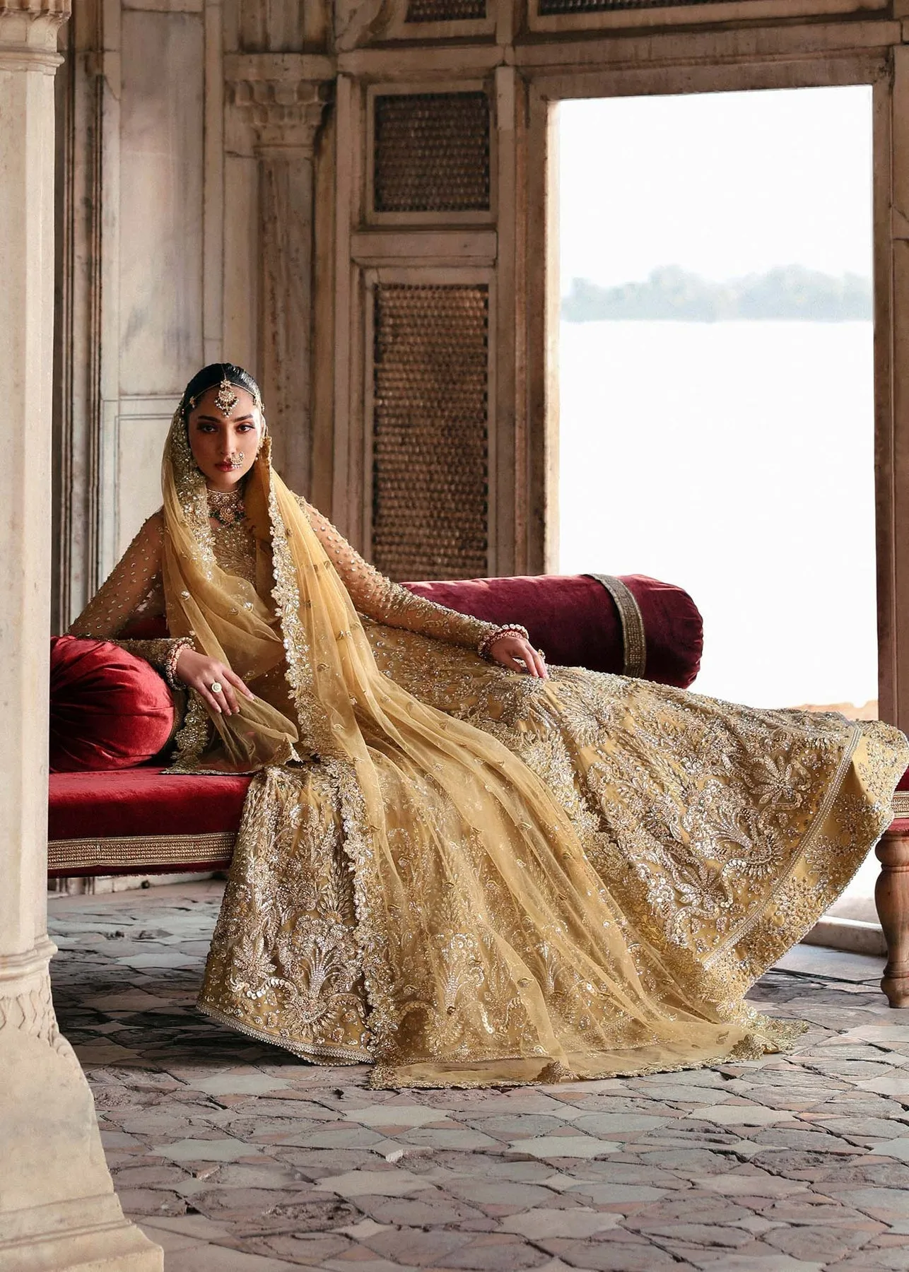 Pakistani Bridal Dress in Yellow Gown Lehenga Style
