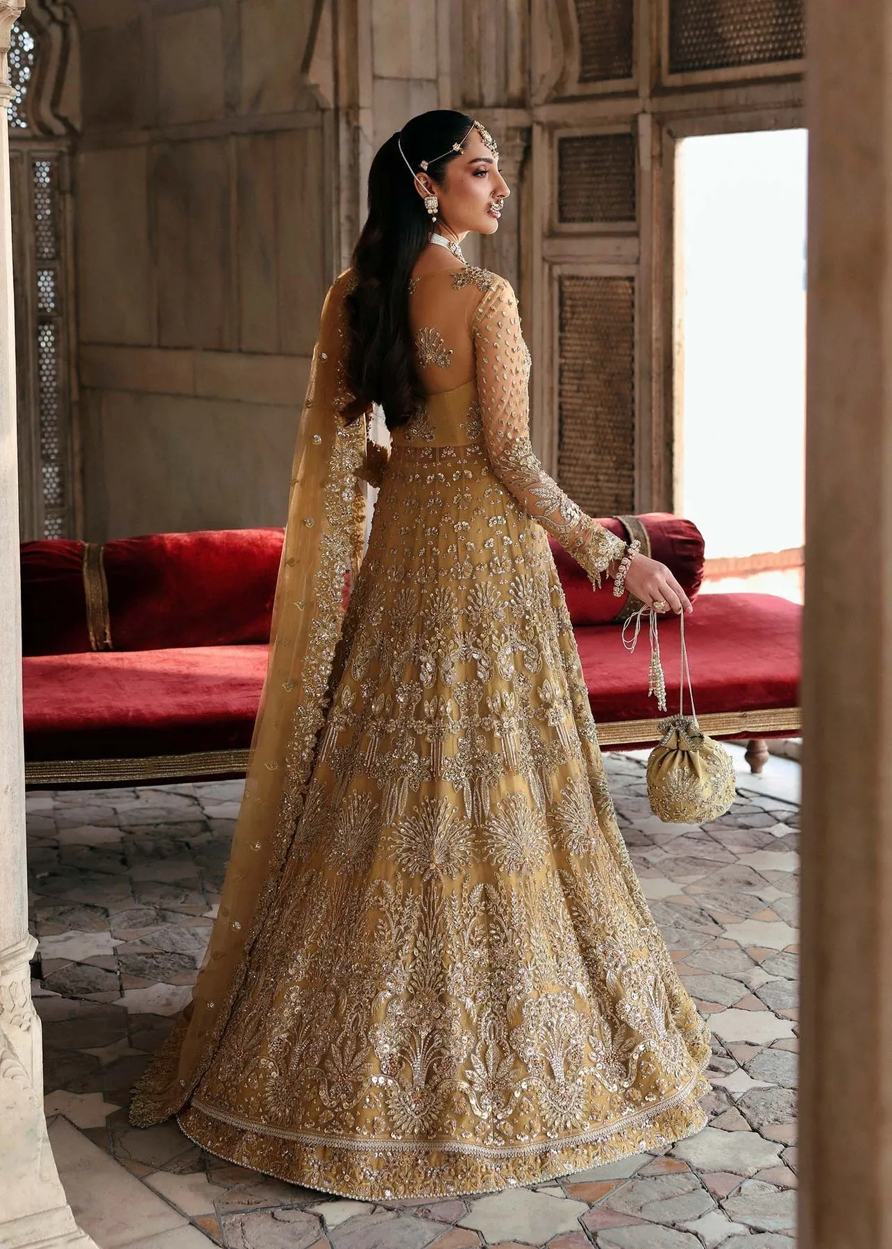 Pakistani Bridal Dress in Yellow Gown Lehenga Style
