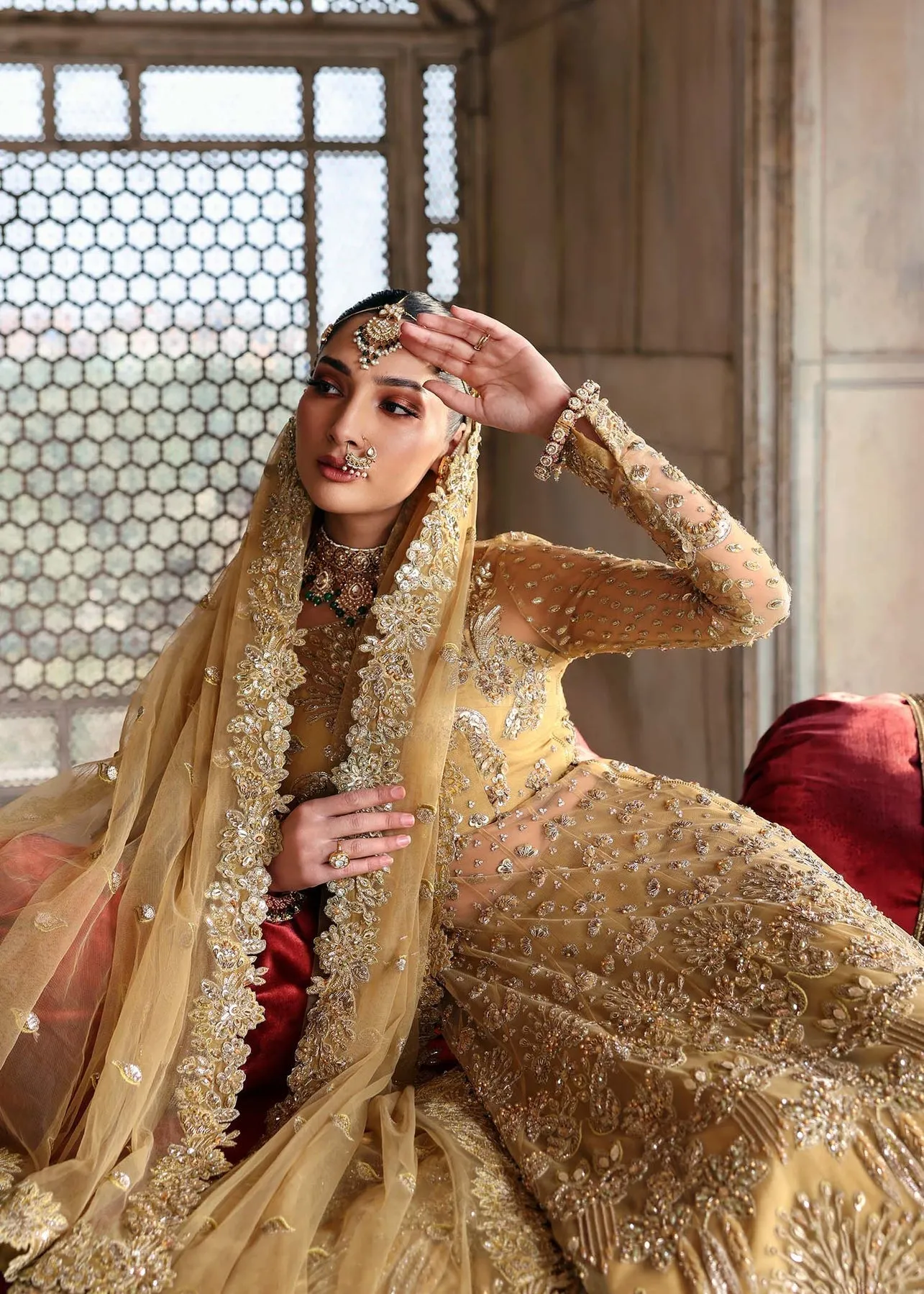 Pakistani Bridal Dress in Yellow Gown Lehenga Style