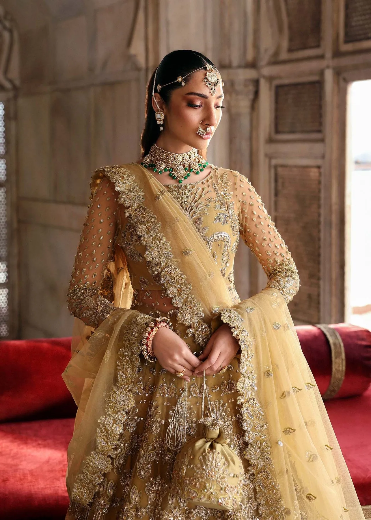 Pakistani Bridal Dress in Yellow Gown Lehenga Style
