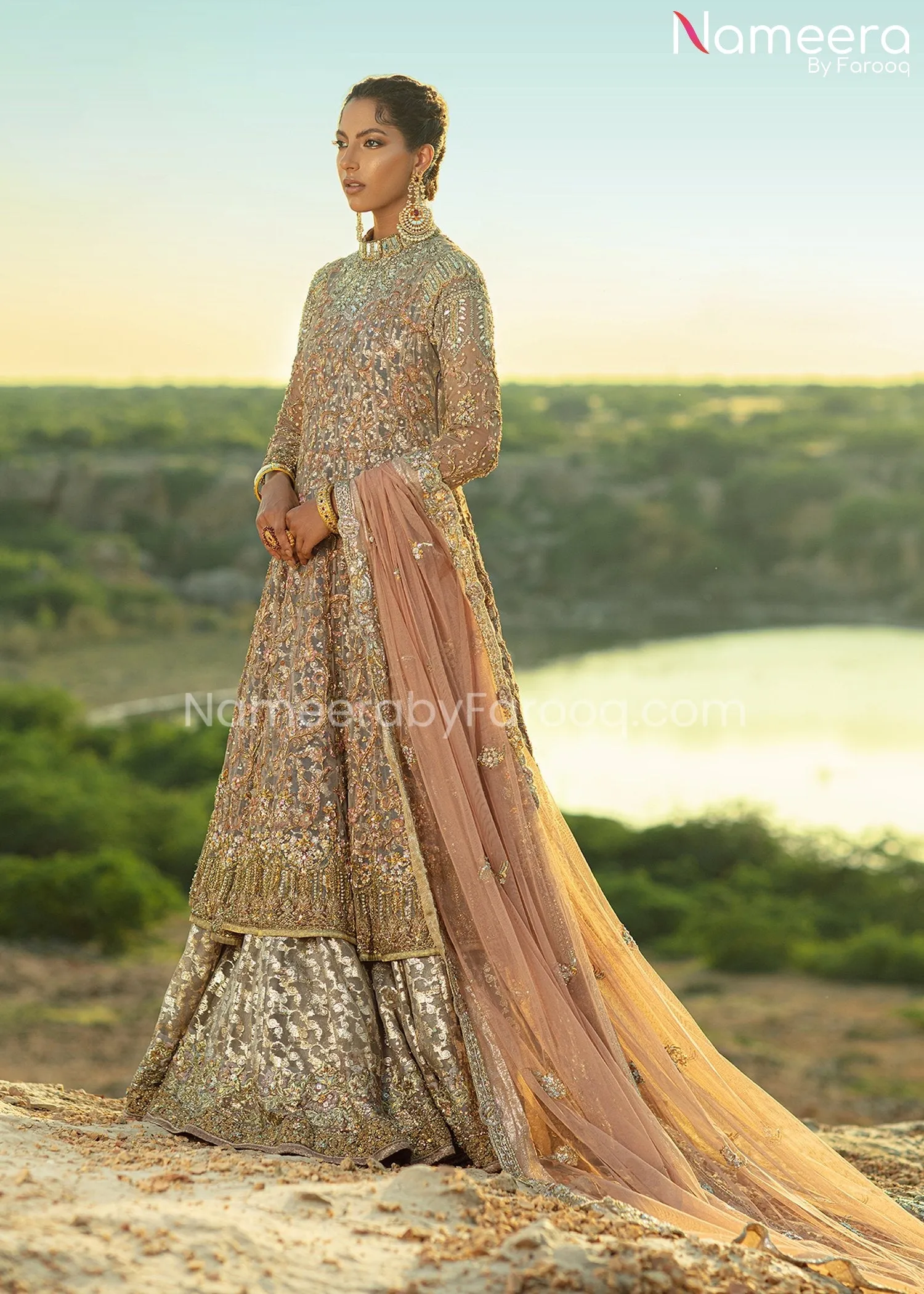 Pakistani Bridal Gown with Lehenga and Dupatta #BS665