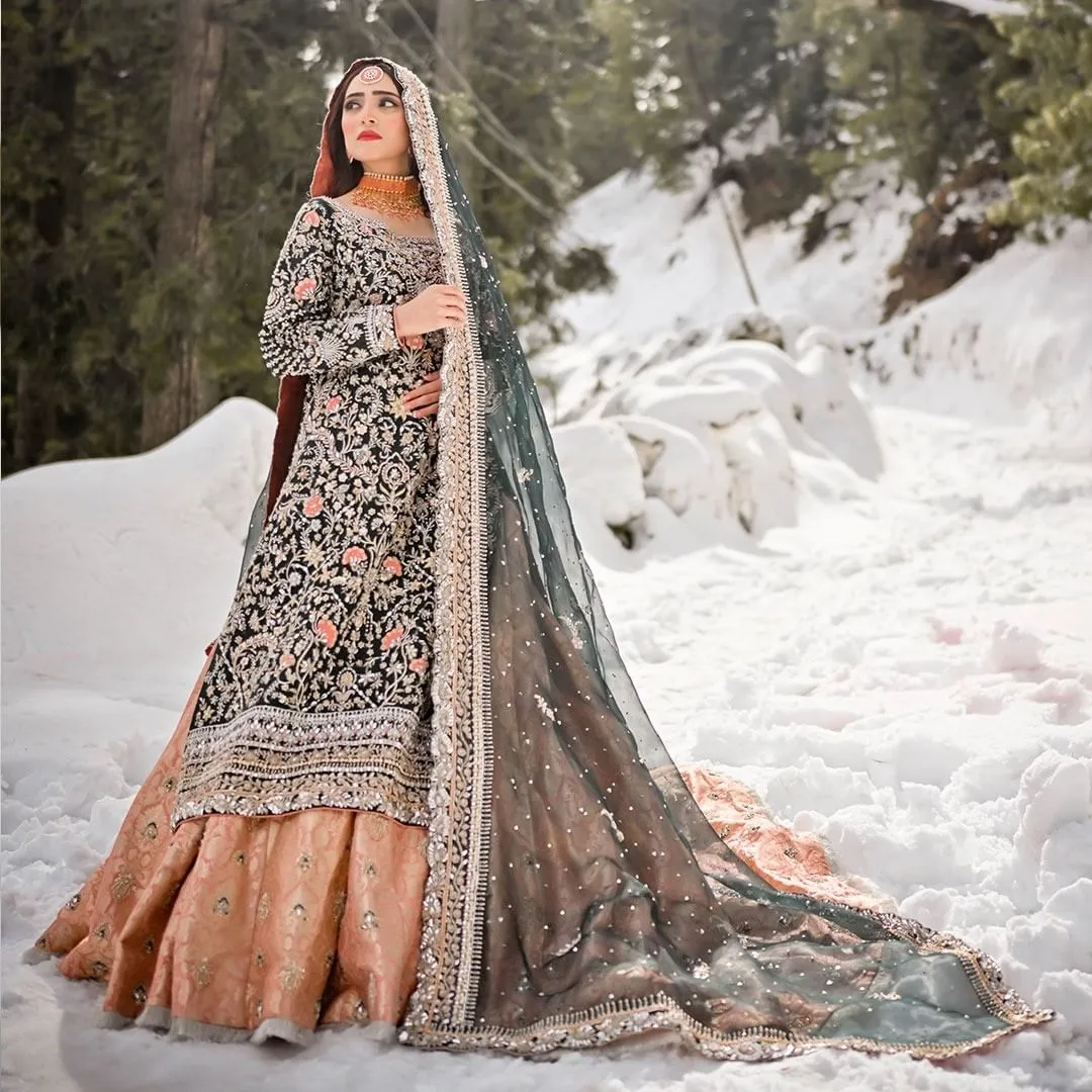 Pakistani Bridal Long Kameez Lehenga and Dupatta #BS901