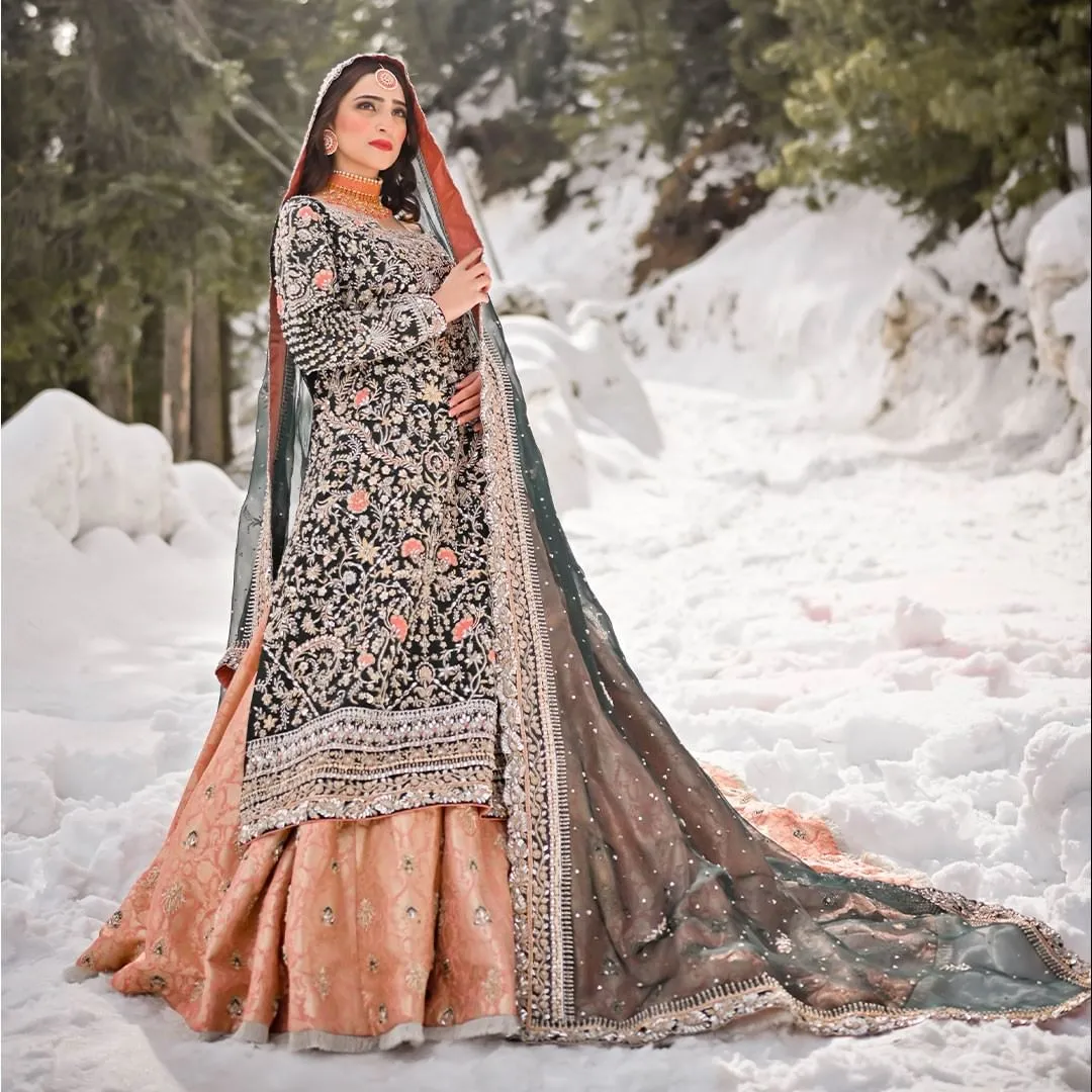 Pakistani Bridal Long Kameez Lehenga and Dupatta #BS901