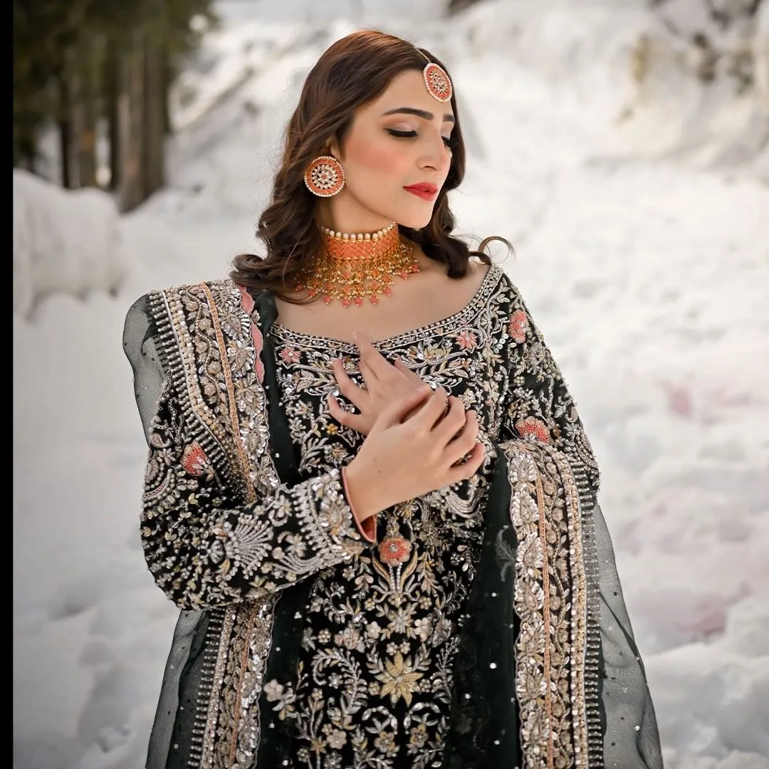 Pakistani Bridal Long Kameez Lehenga and Dupatta #BS901