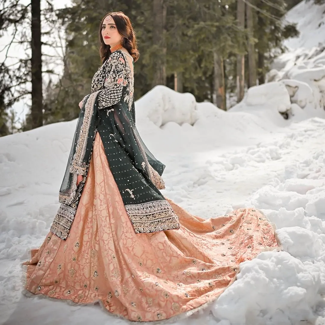Pakistani Bridal Long Kameez Lehenga and Dupatta #BS901