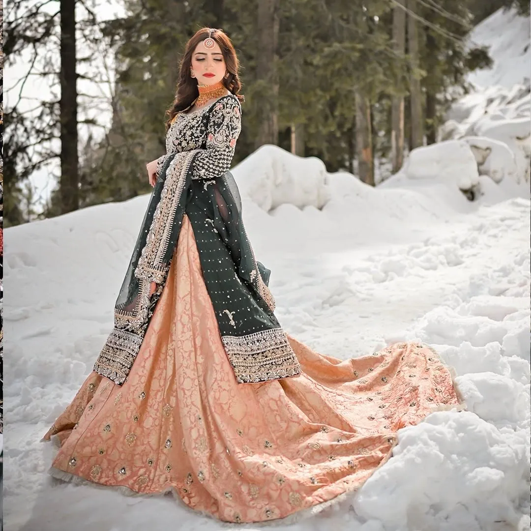 Pakistani Bridal Long Kameez Lehenga and Dupatta #BS901