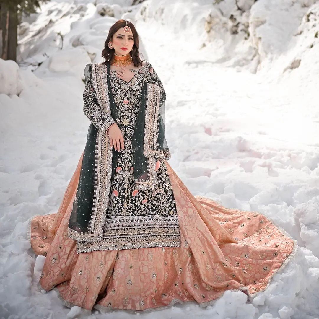Pakistani Bridal Long Kameez Lehenga and Dupatta #BS901
