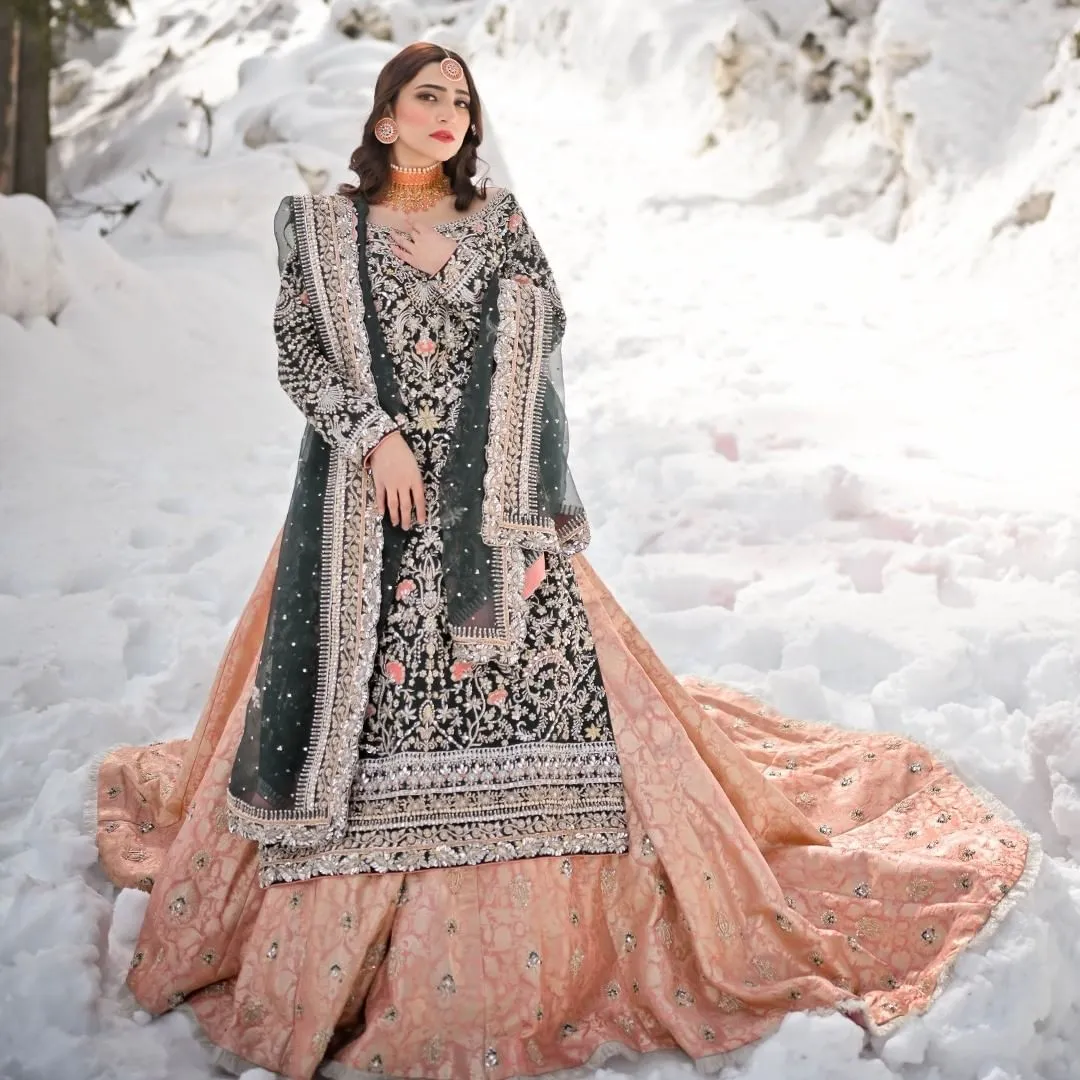 Pakistani Bridal Long Kameez Lehenga and Dupatta #BS901
