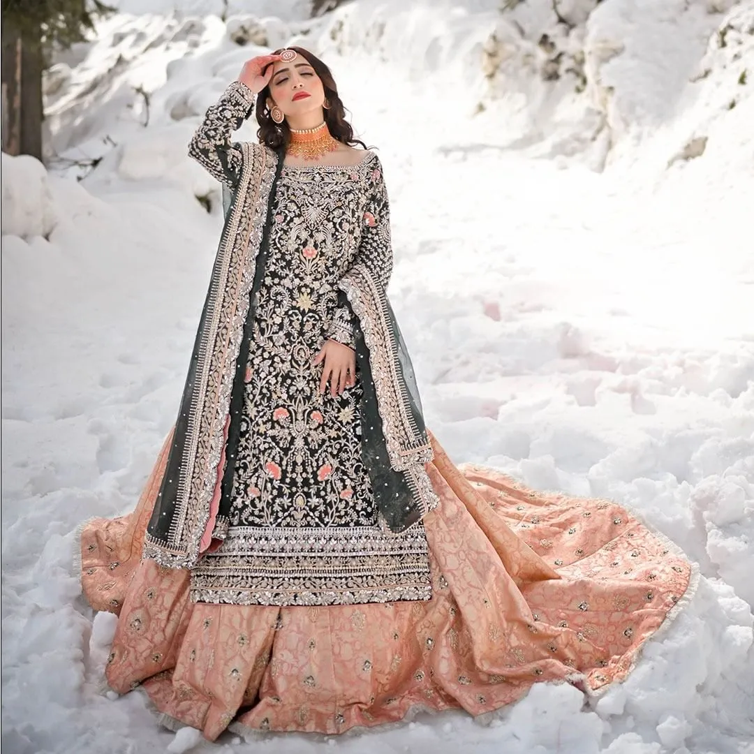 Pakistani Bridal Long Kameez Lehenga and Dupatta #BS901