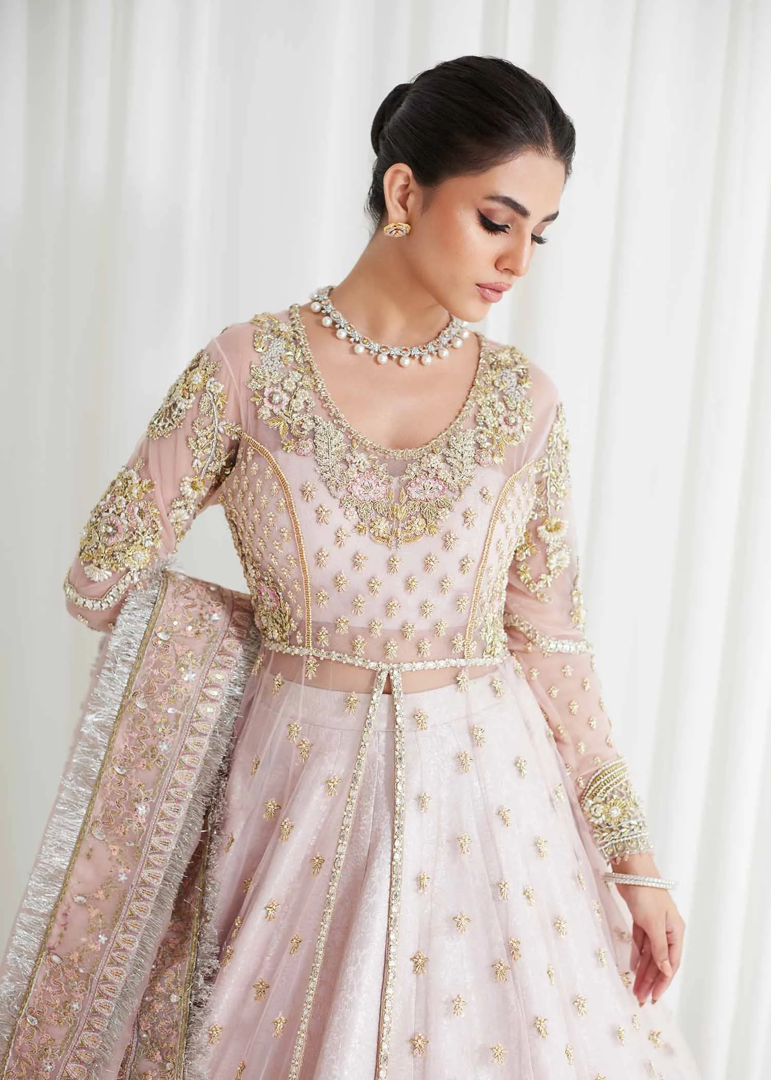 Pakistani Bridal Outfit in Open Pishwas Lehenga Style