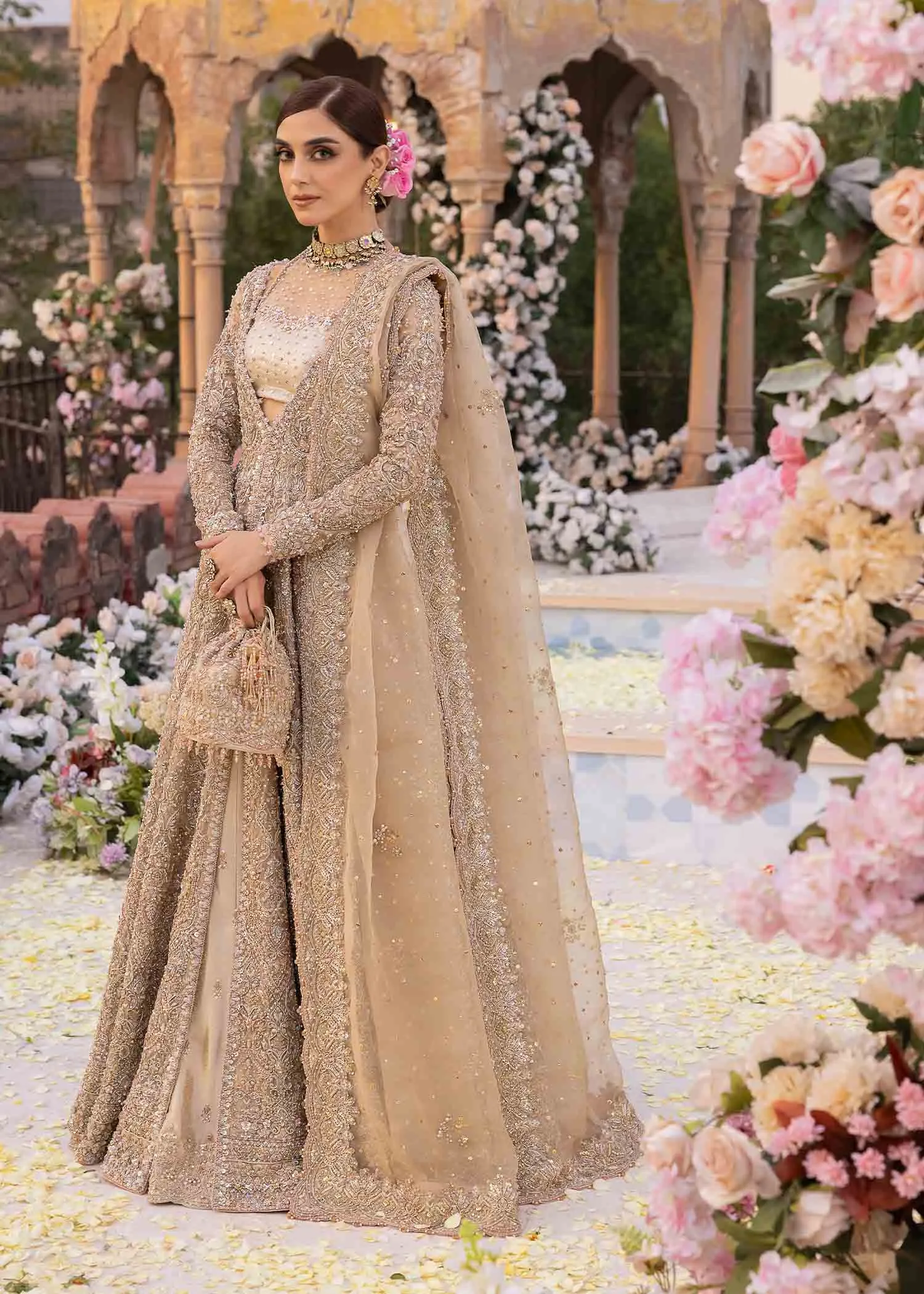 Pakistani Bridal Outfit in Pishwas Frock Lehenga Style
