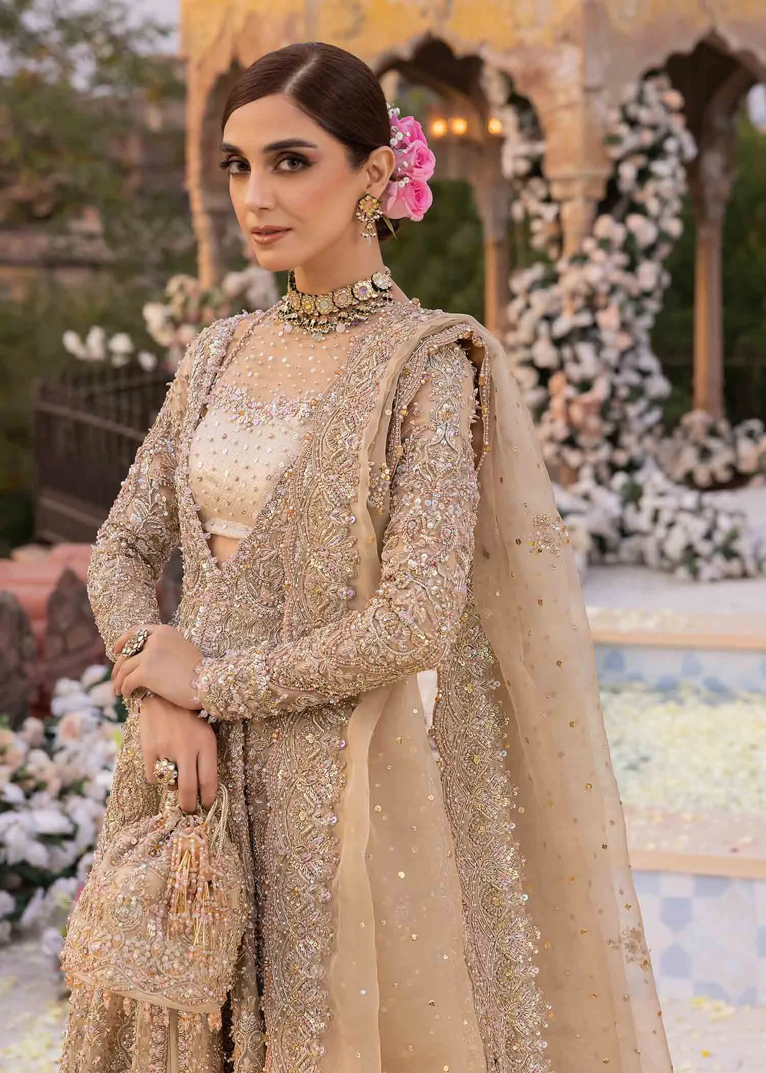 Pakistani Bridal Outfit in Pishwas Frock Lehenga Style