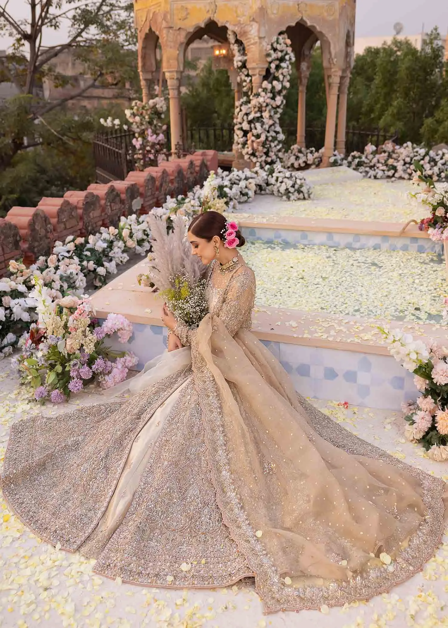 Pakistani Bridal Outfit in Pishwas Frock Lehenga Style
