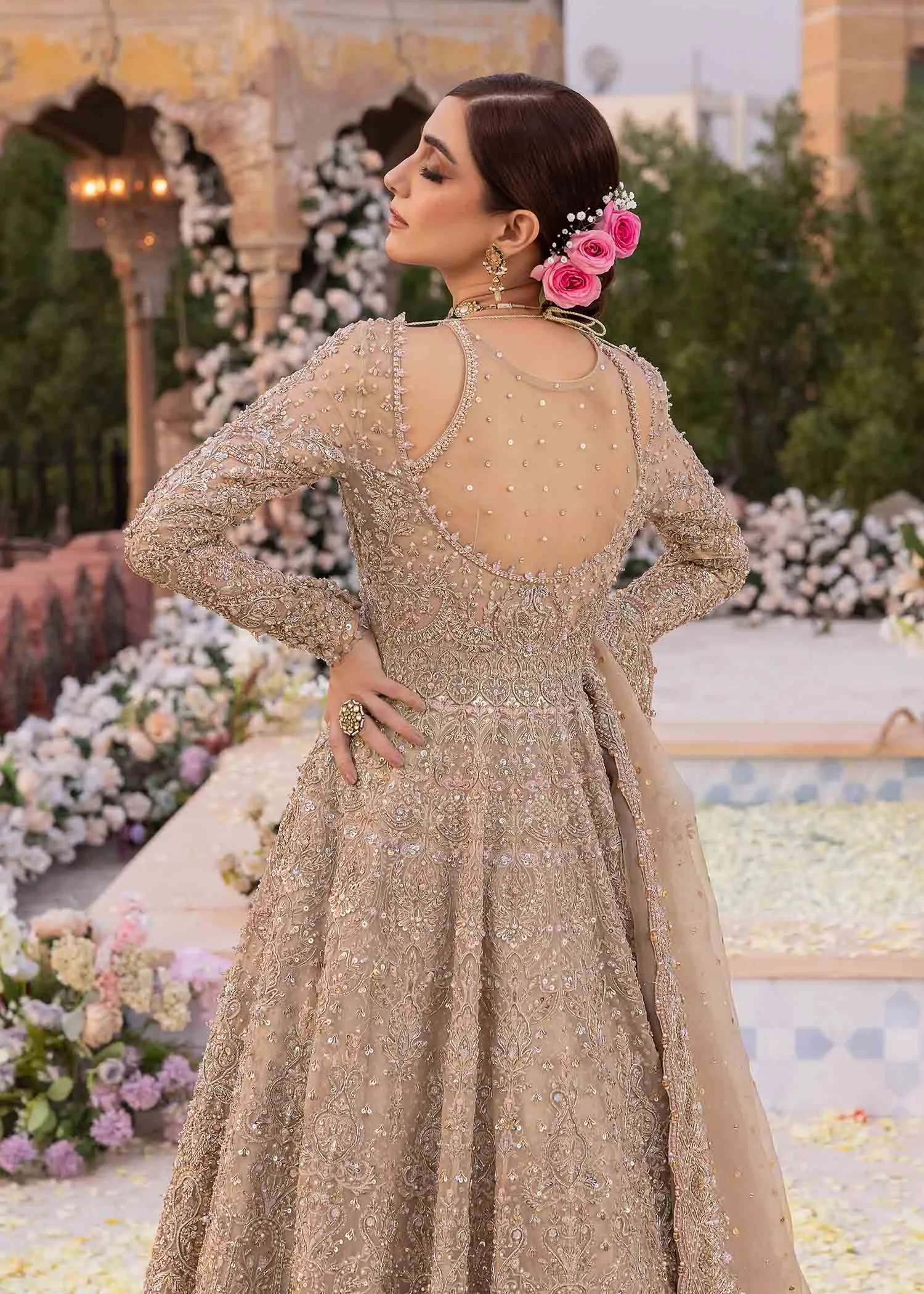 Pakistani Bridal Outfit in Pishwas Frock Lehenga Style