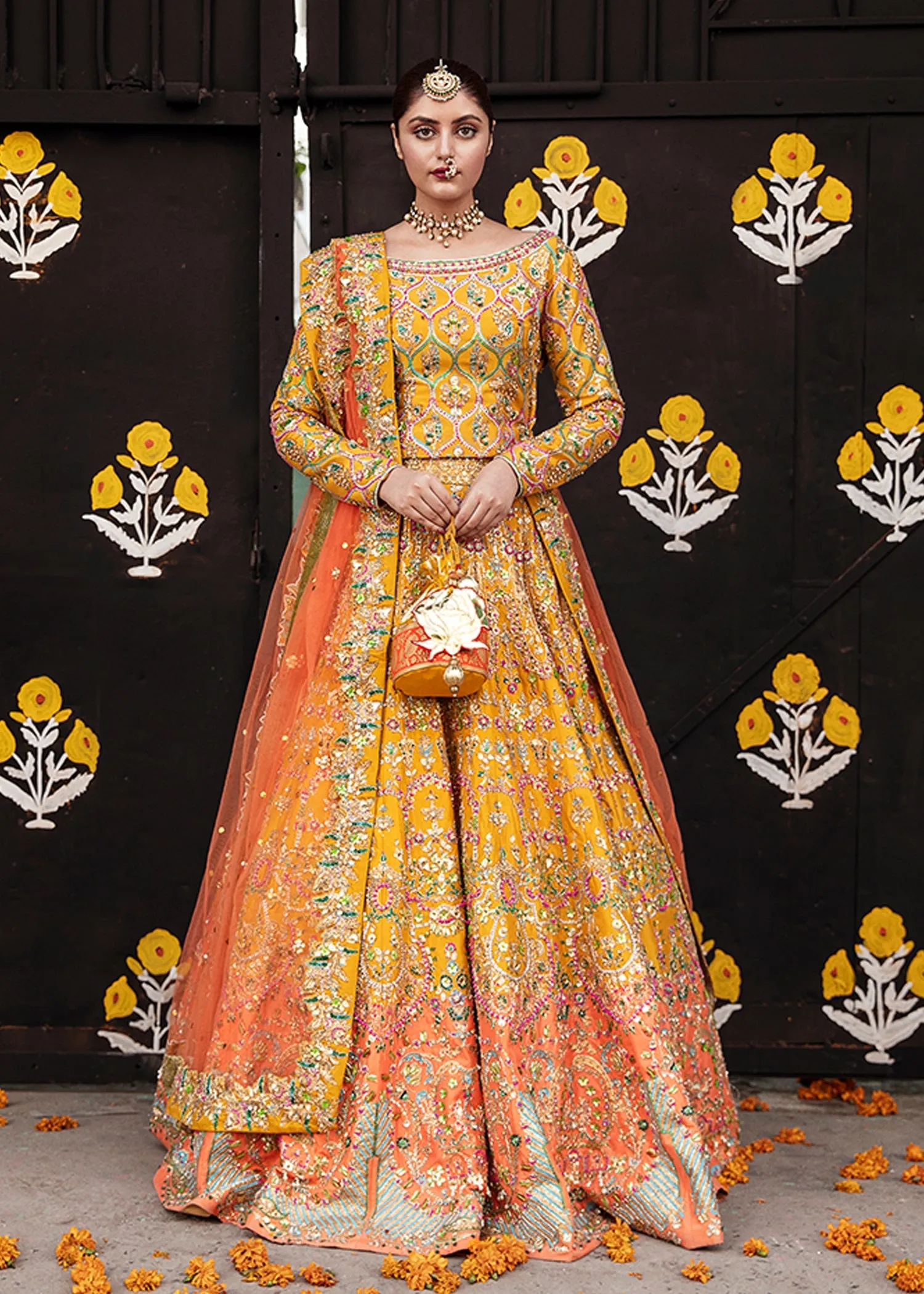 Pakistani Bridal Yellow Orange Lehenga Choli #BS790