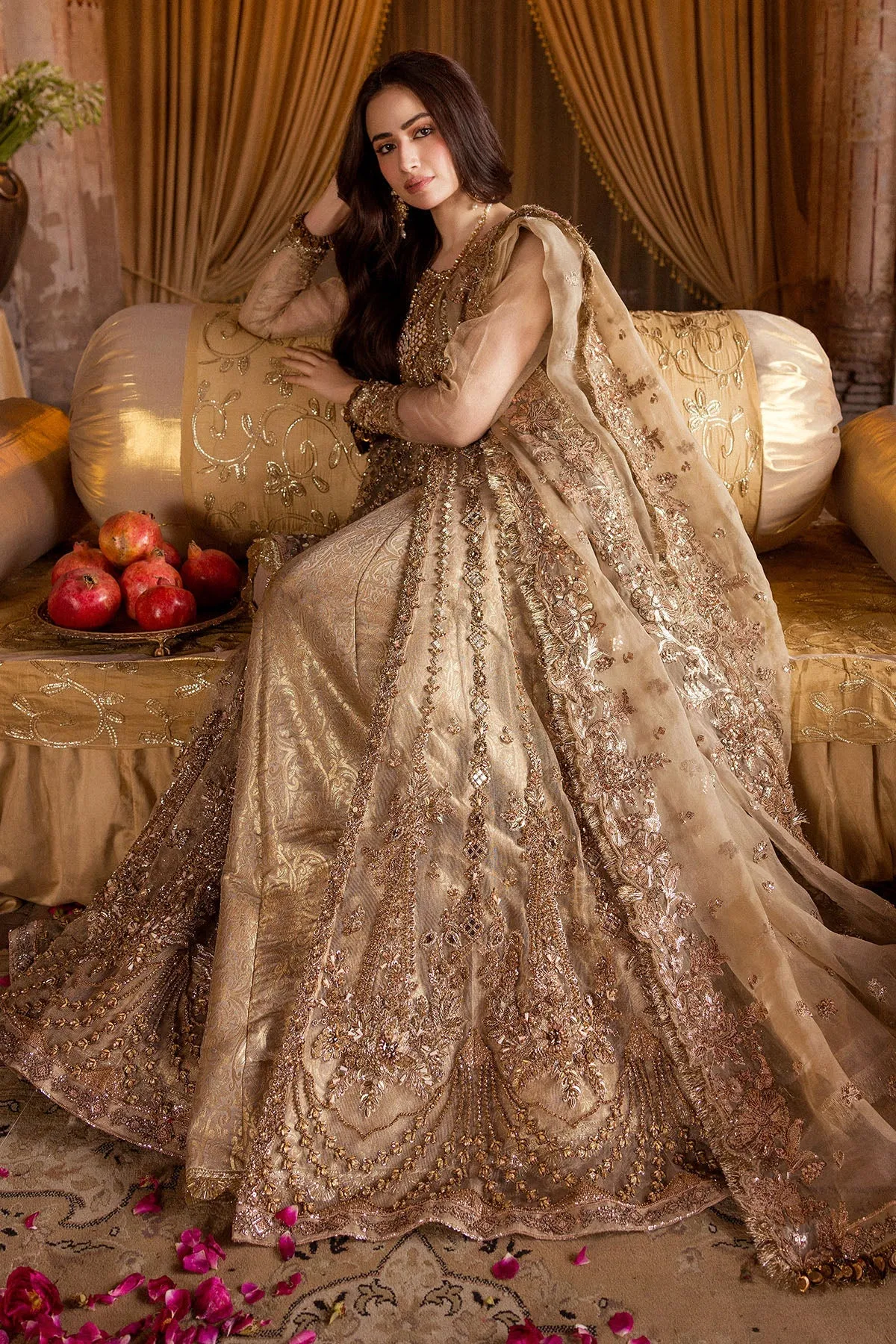 Pakistani Wedding Dress in Gold Open Gown Lehenga Style